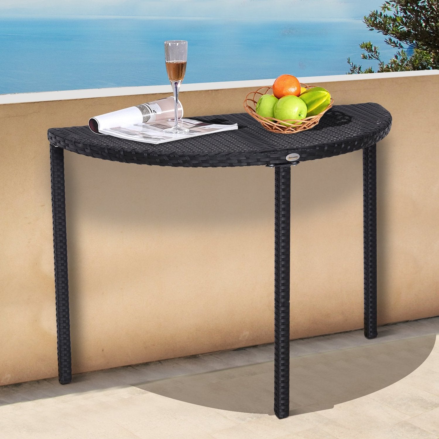Svart Polyrattan Halvrundt Balkongbord, 100x50x74 Cm