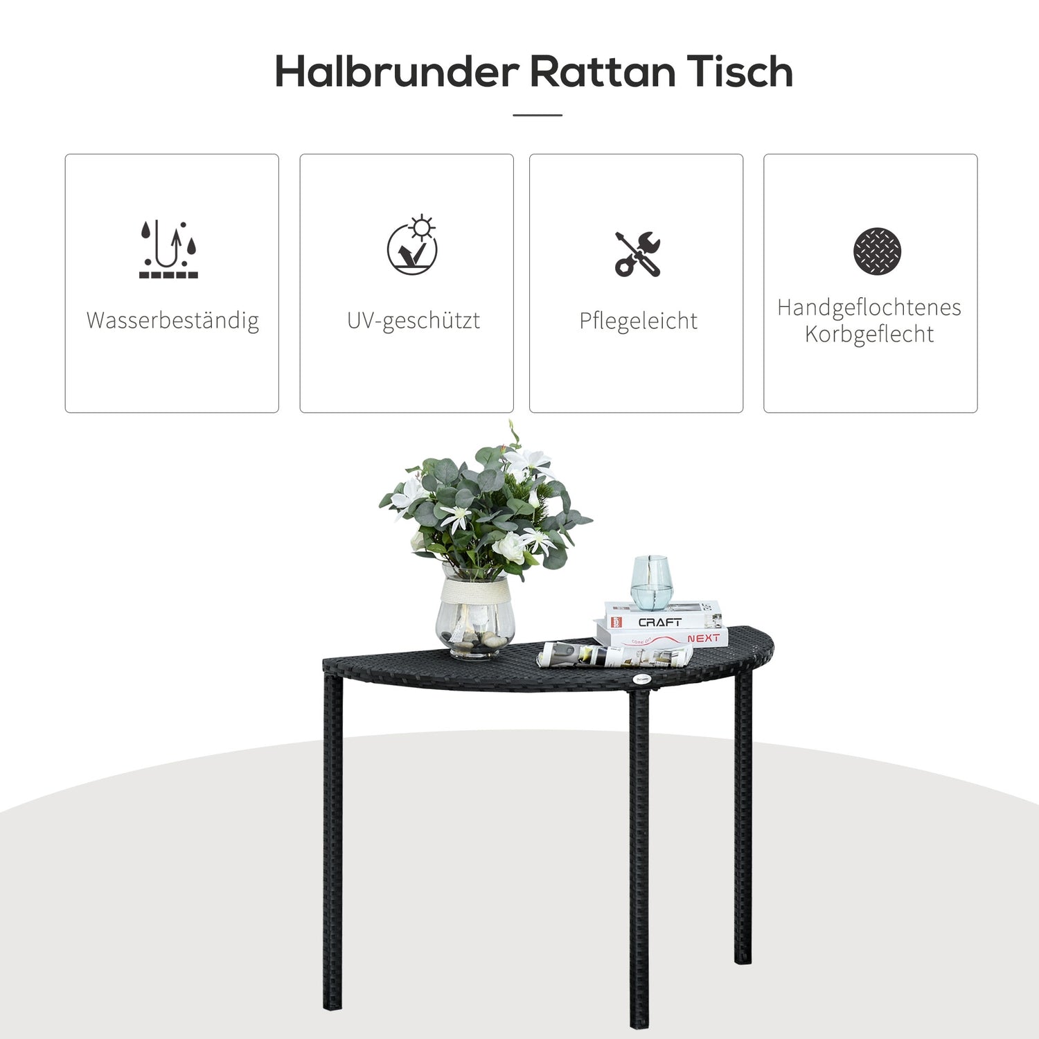 Svart Polyrattan Halvrundt Balkongbord, 100x50x74 Cm