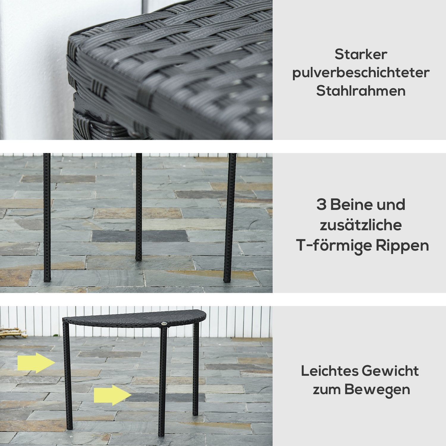 Svart Polyrattan Halvrundt Balkongbord, 100x50x74 Cm