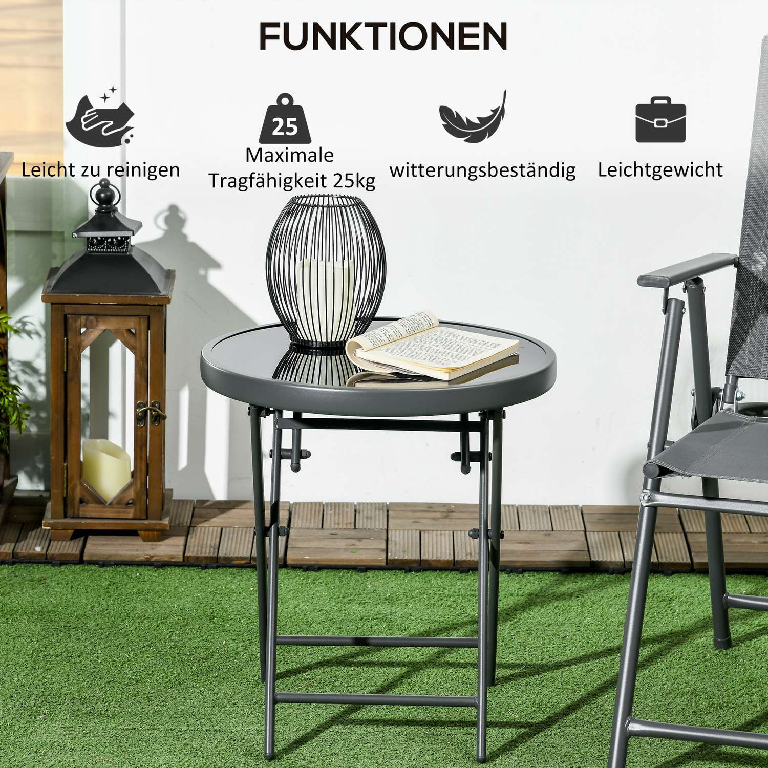 Svart hopfällbart glasbord – Kompakt för balkong & vardagsrum