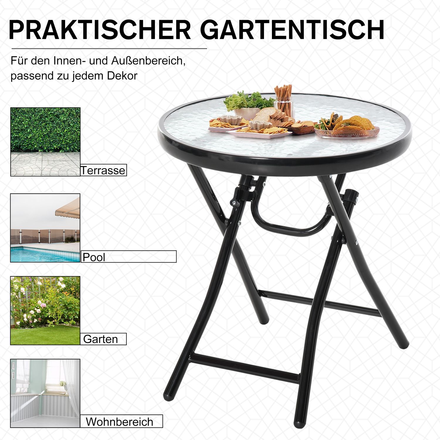 Svart hopfällbart runt sidobord – Glasskiva, 45cm
