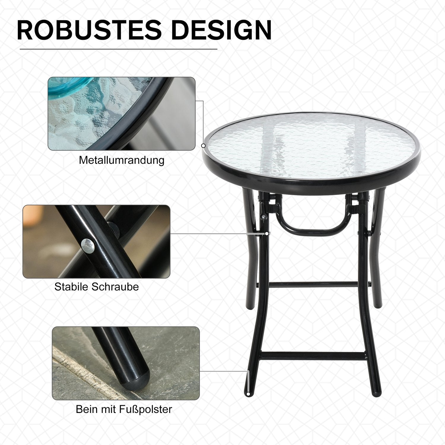 Svart hopfällbart runt sidobord – Glasskiva, 45cm