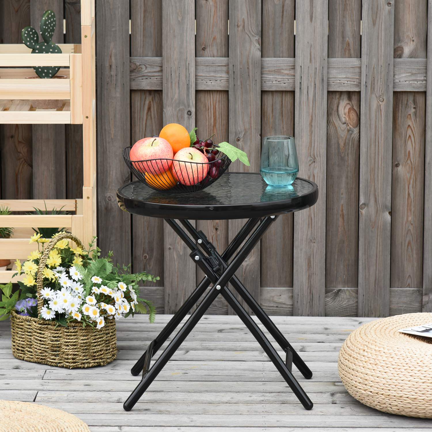 Svart hopfällbart runt sidobord – Glasskiva, 45cm