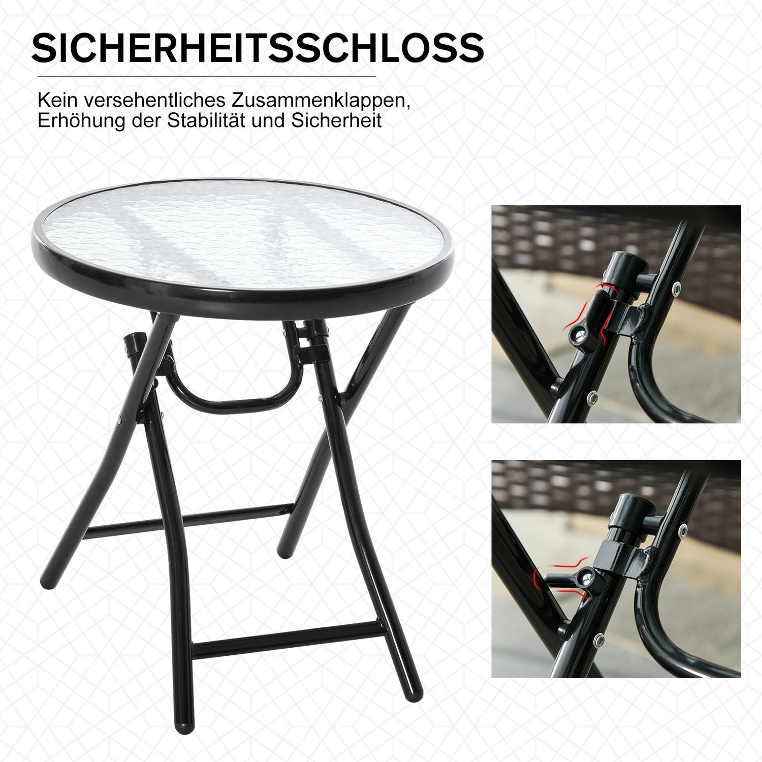 Svart hopfällbart runt sidobord – Glasskiva, 45cm