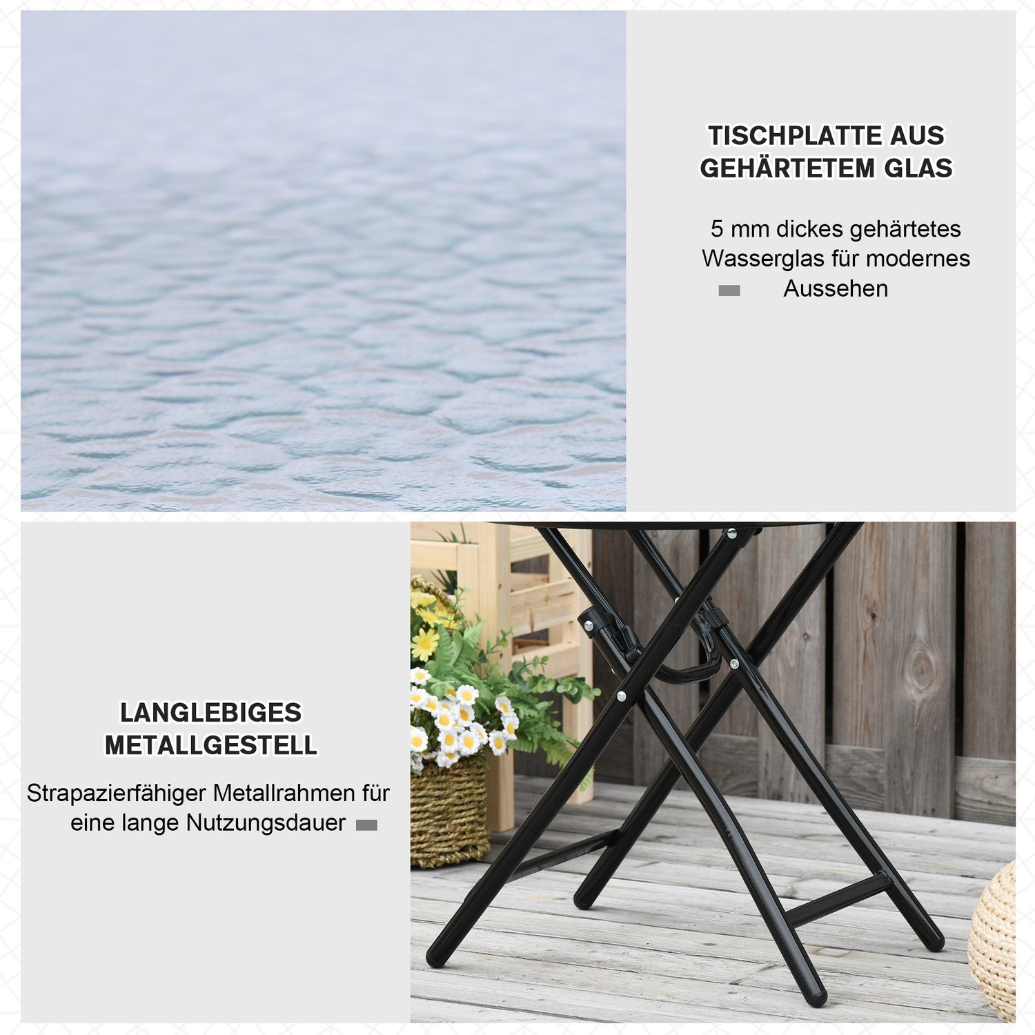Svart hopfällbart runt sidobord – Glasskiva, 45cm
