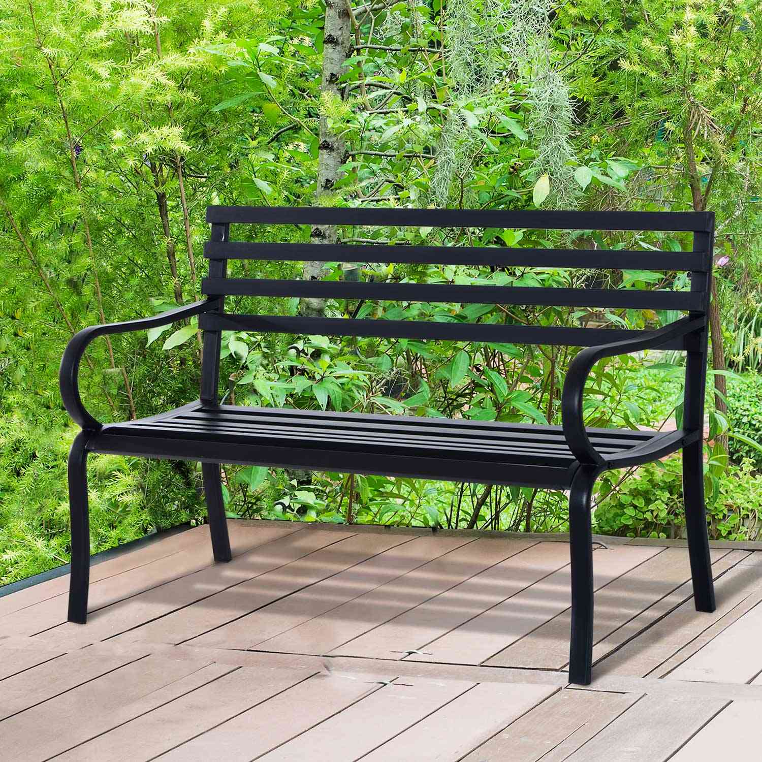 Svart metall 2-sits trädgårdsbänk – 127 x 58 x 82 cm