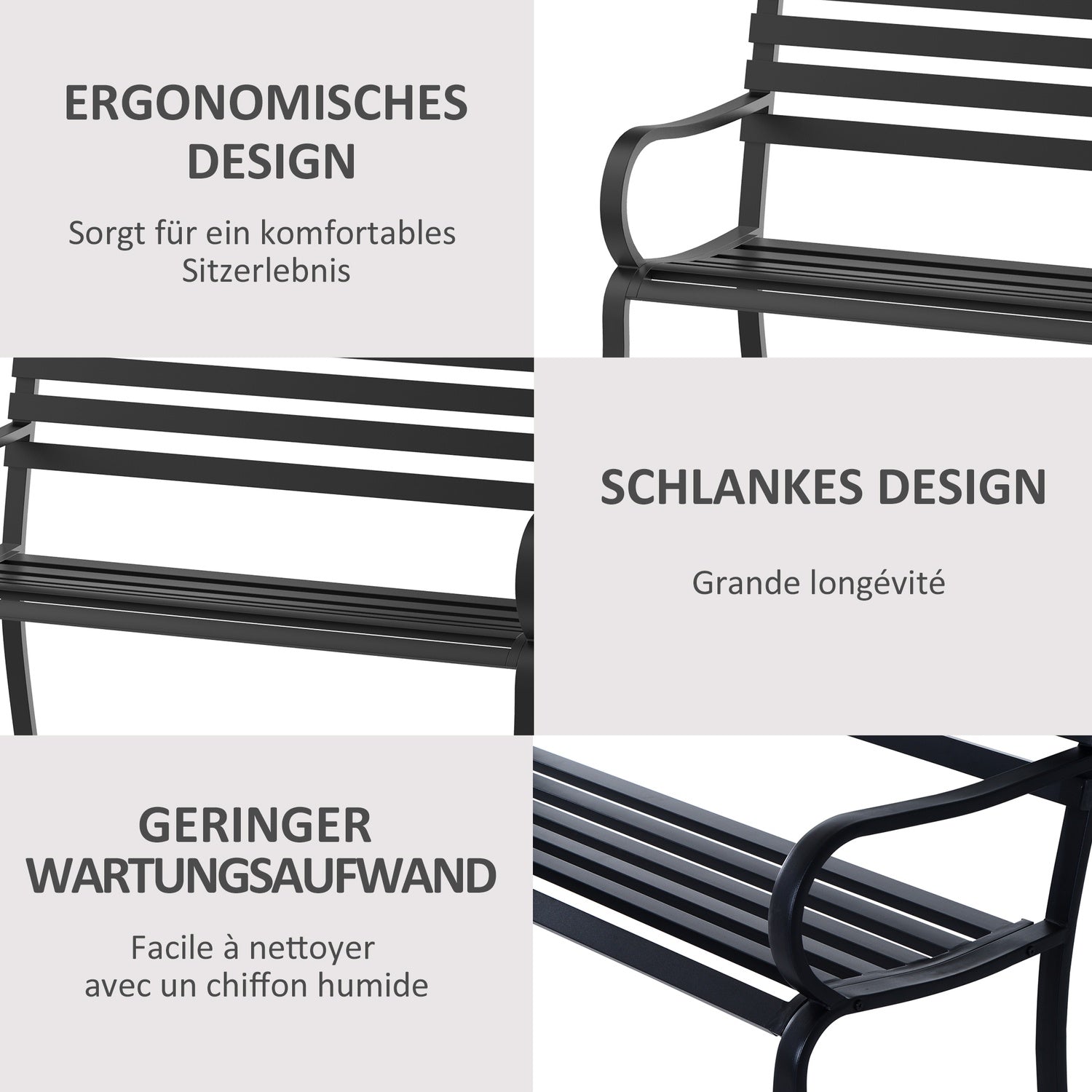 Svart metall 2-sits trädgårdsbänk – 127 x 58 x 82 cm