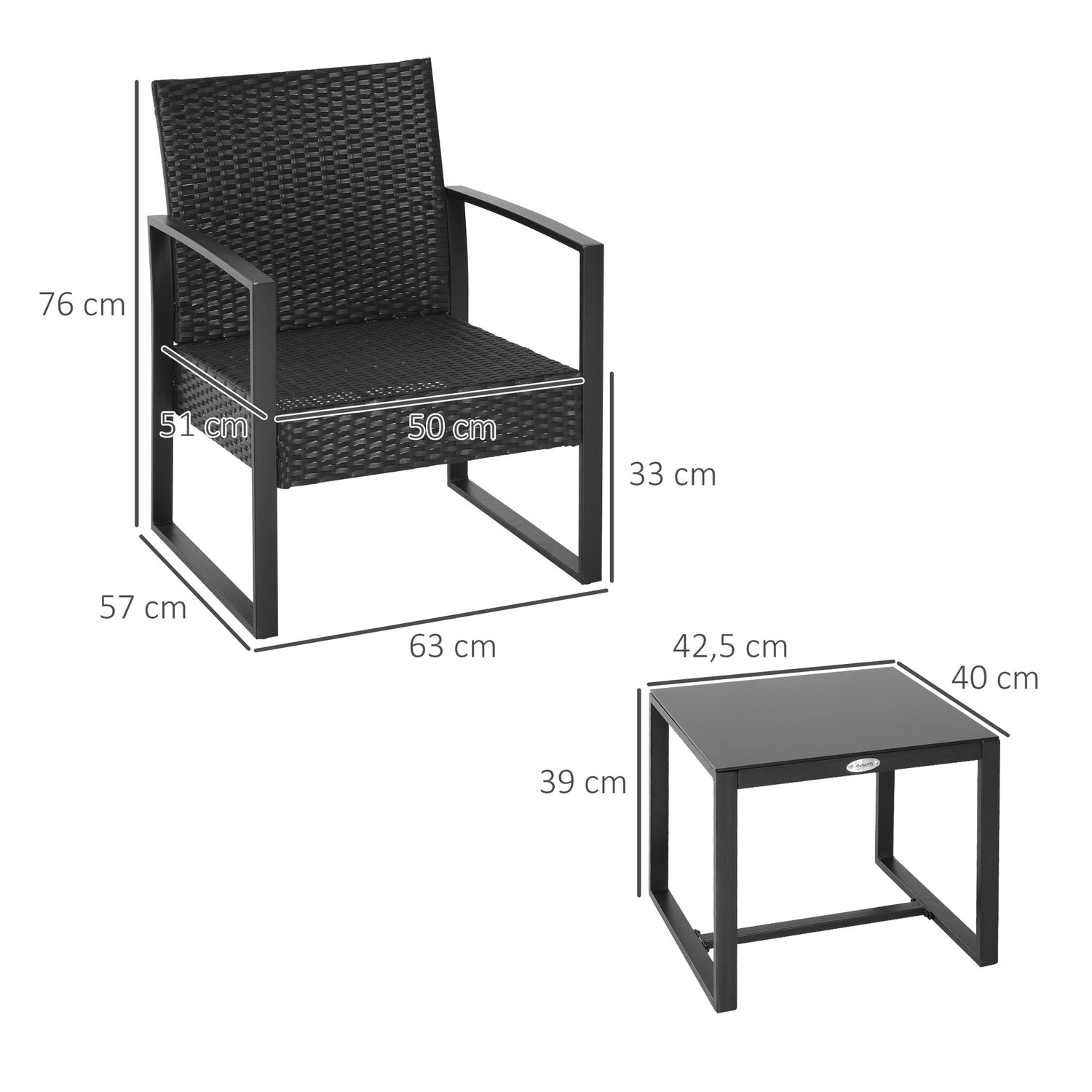 Svart polyrattan balkongmöbelset med kuddar för 2