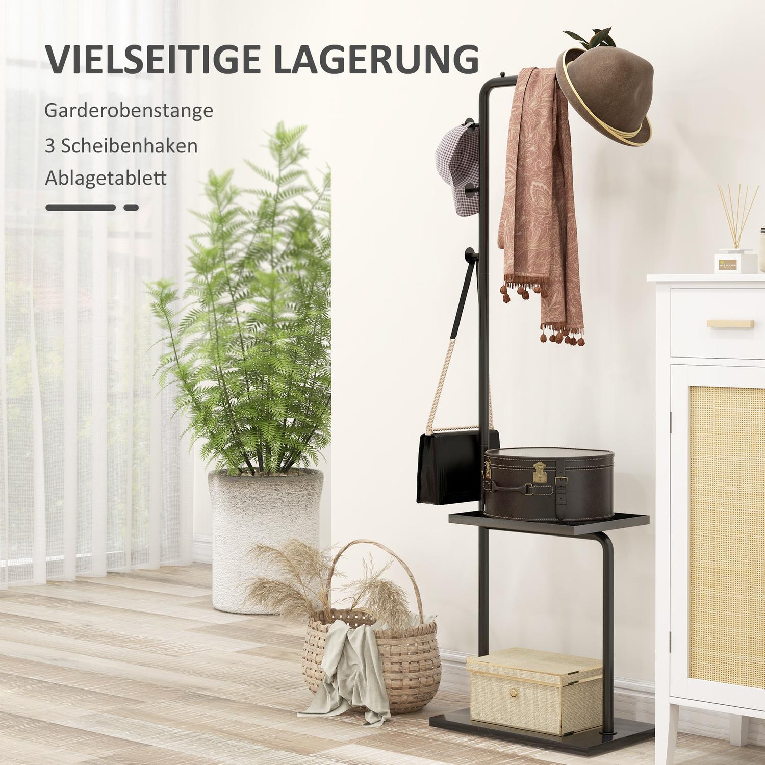 Svart rock & hatthylla med krokar och bricka – 148 cm