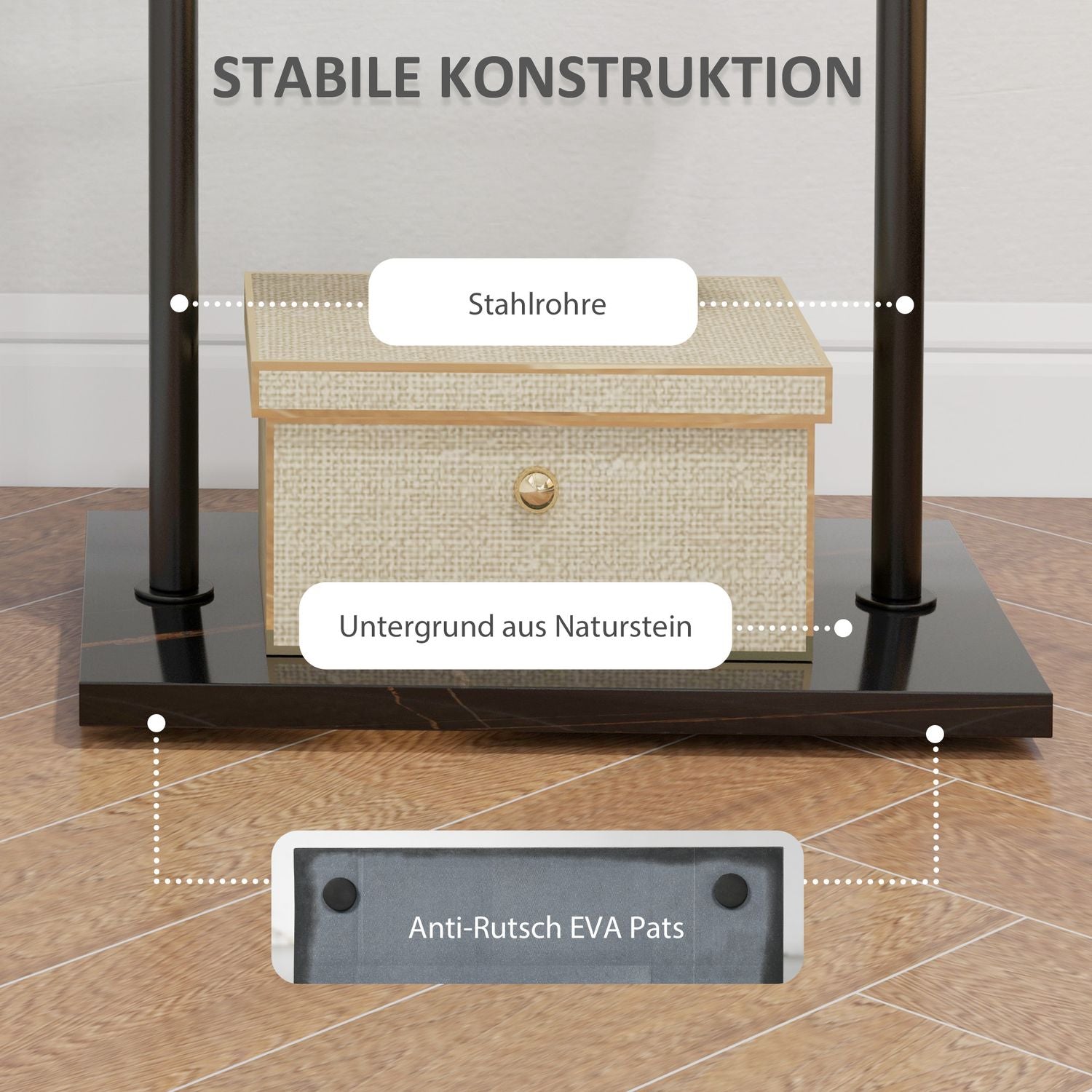 Svart rock & hatthylla med krokar och bricka – 148 cm