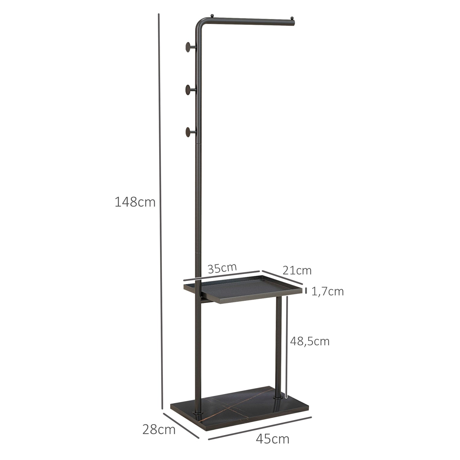 Svart rock & hatthylla med krokar och bricka – 148 cm
