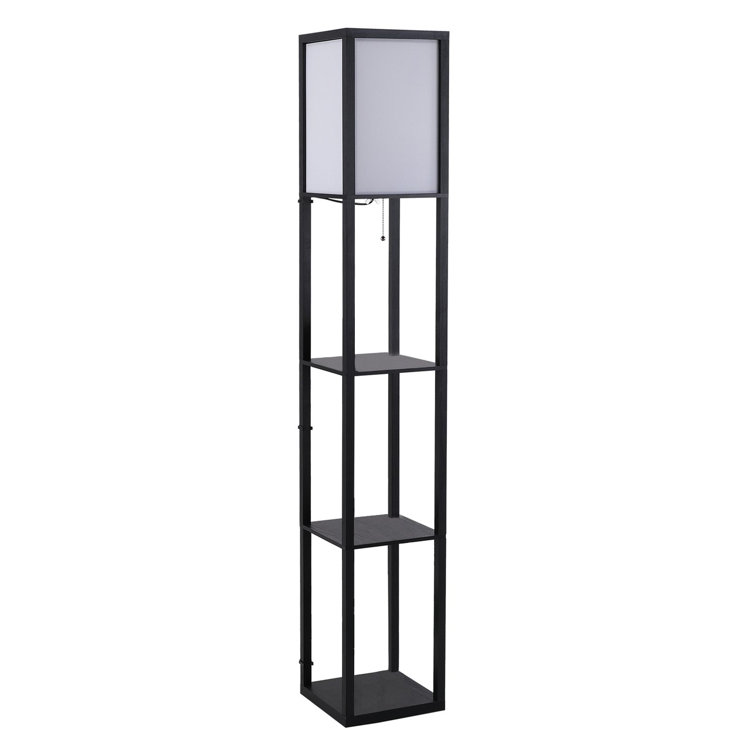 Svart trägolvlampa med hyllor, E27 sockel, 160cm