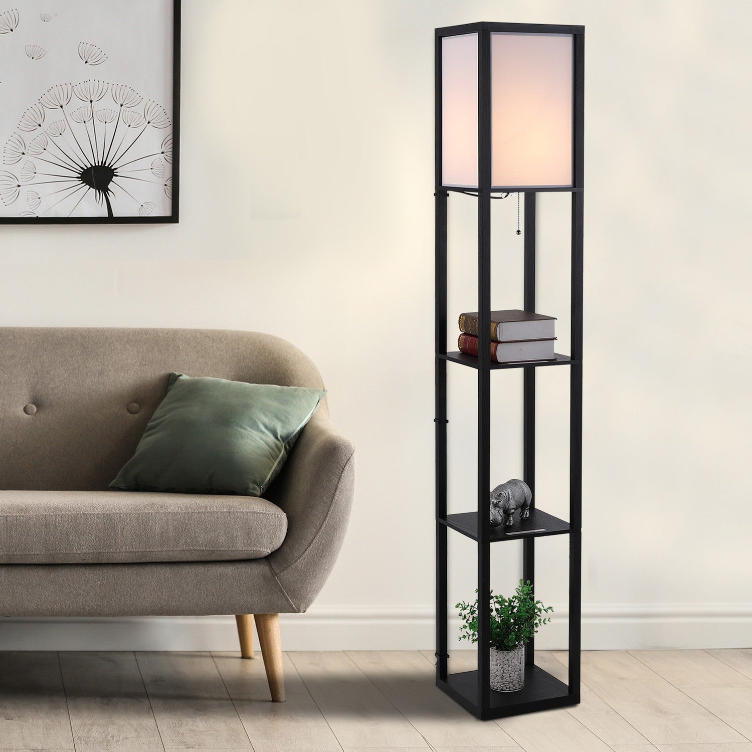 Svart trägolvlampa med hyllor, E27 sockel, 160cm