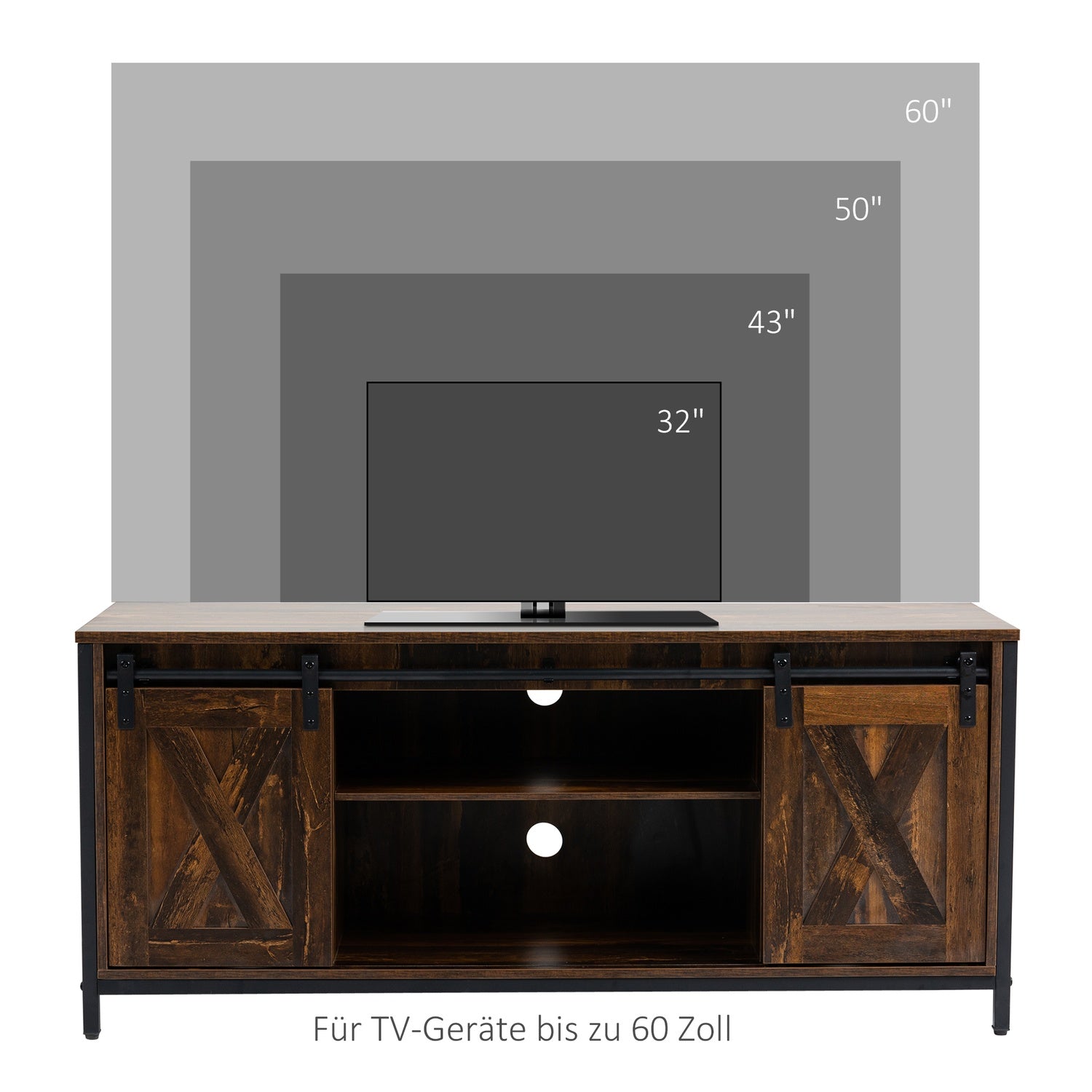 TV-bänk för 60"-skärmar, industriell design, spån och stål