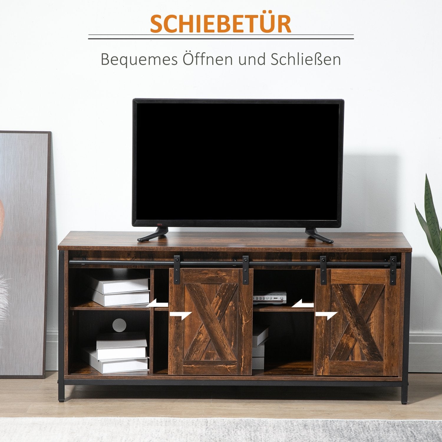 TV-bänk för 60"-skärmar, industriell design, spån och stål