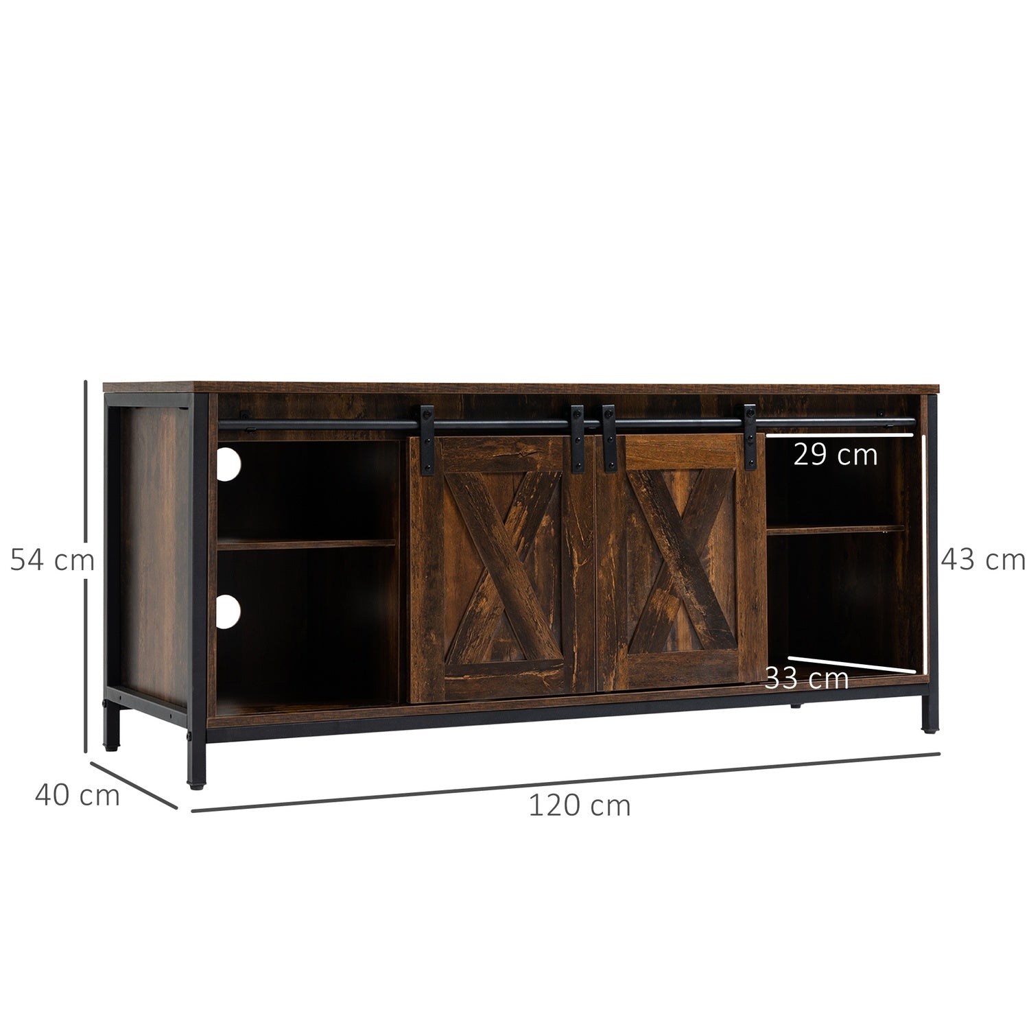 TV-bänk för 60"-skärmar, industriell design, spån och stål