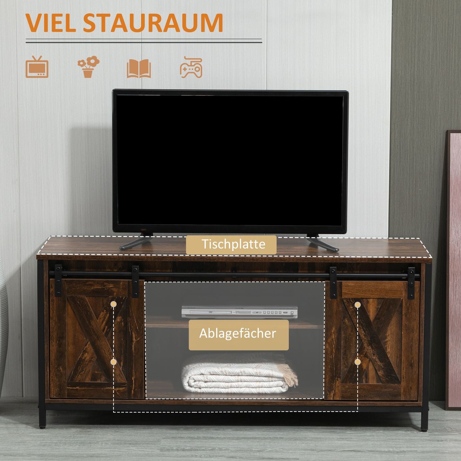 TV-bänk för 60"-skärmar, industriell design, spån och stål