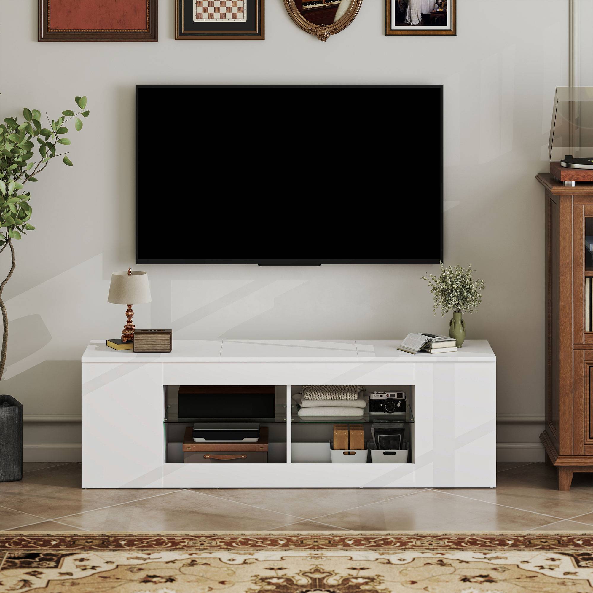 TV-bänk med 6 hyllor, 2 glashyllor, 140 cm, vit