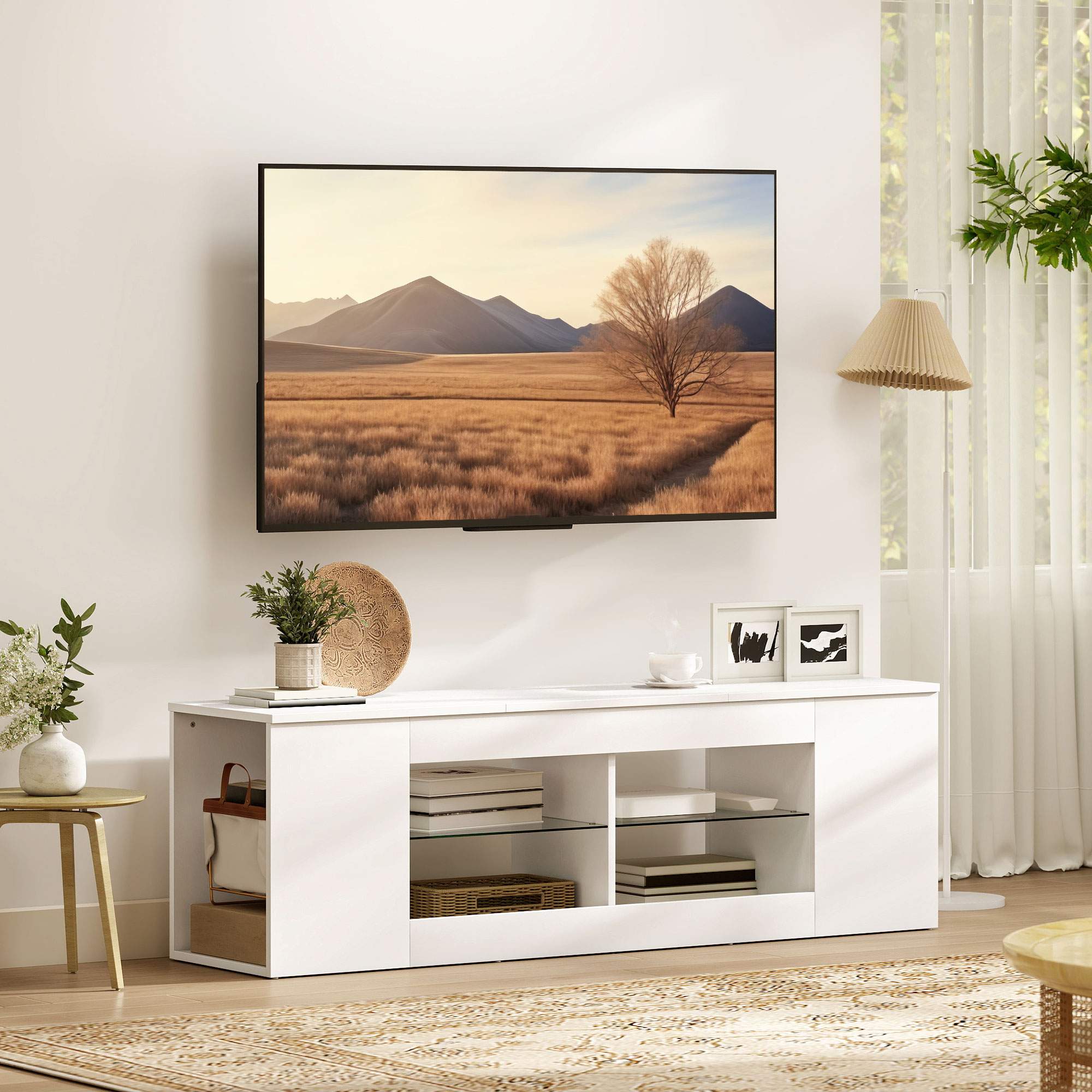 TV-bänk med 6 hyllor, 2 glashyllor, 140 cm, vit
