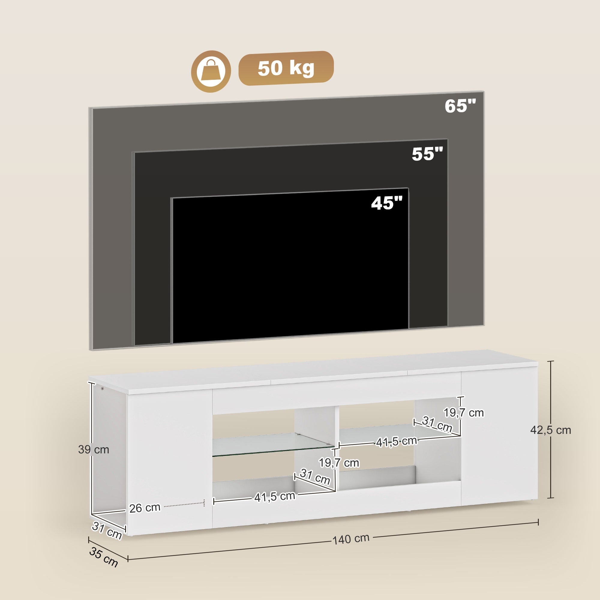 TV-bänk med 6 hyllor, 2 glashyllor, 140 cm, vit