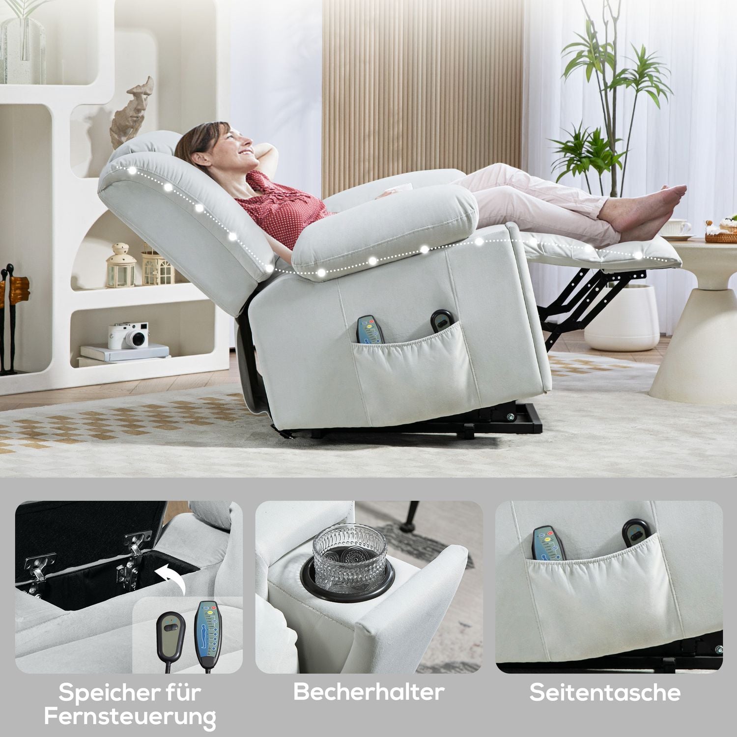 Elektrisk vilstol TV-stol med massage och värme, USB-portar