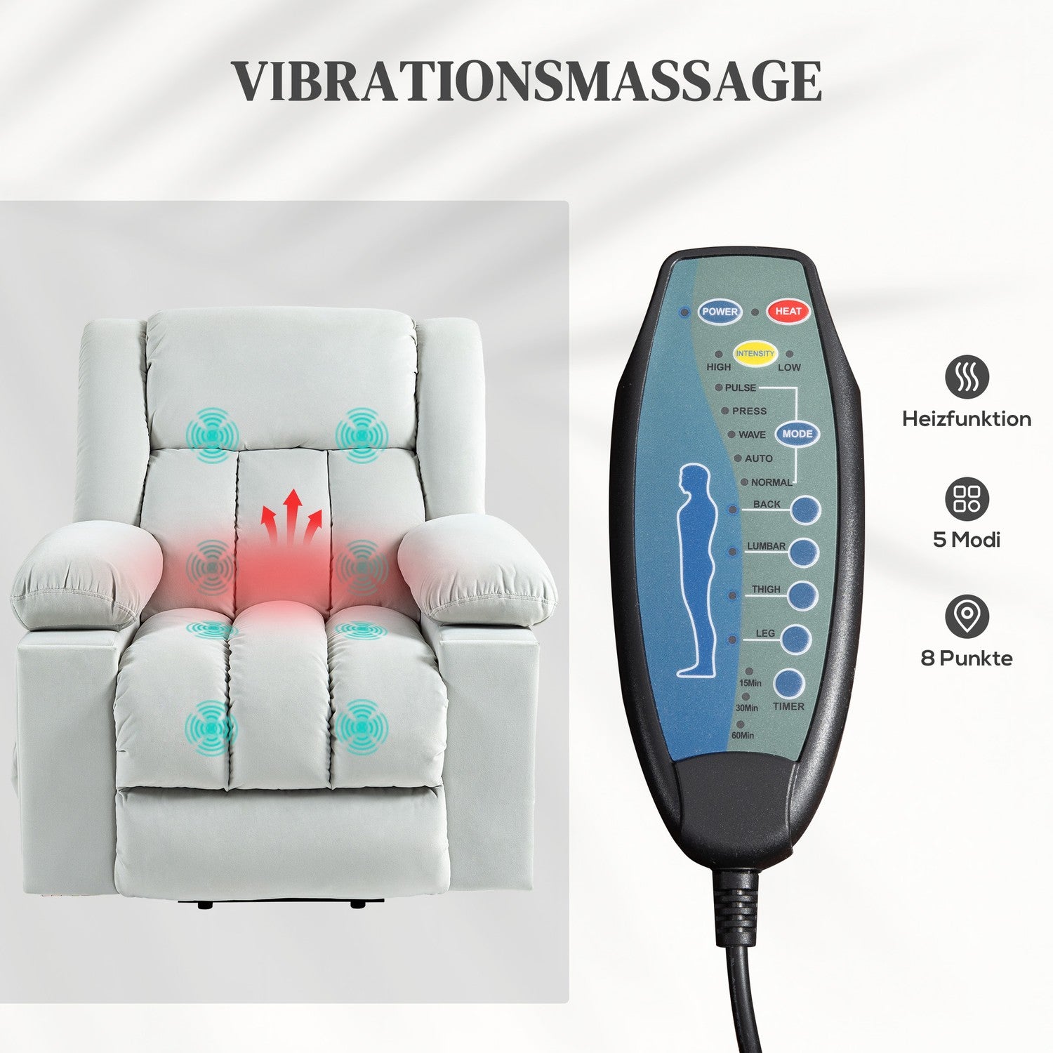 Elektrisk vilstol TV-stol med massage och värme, USB-portar