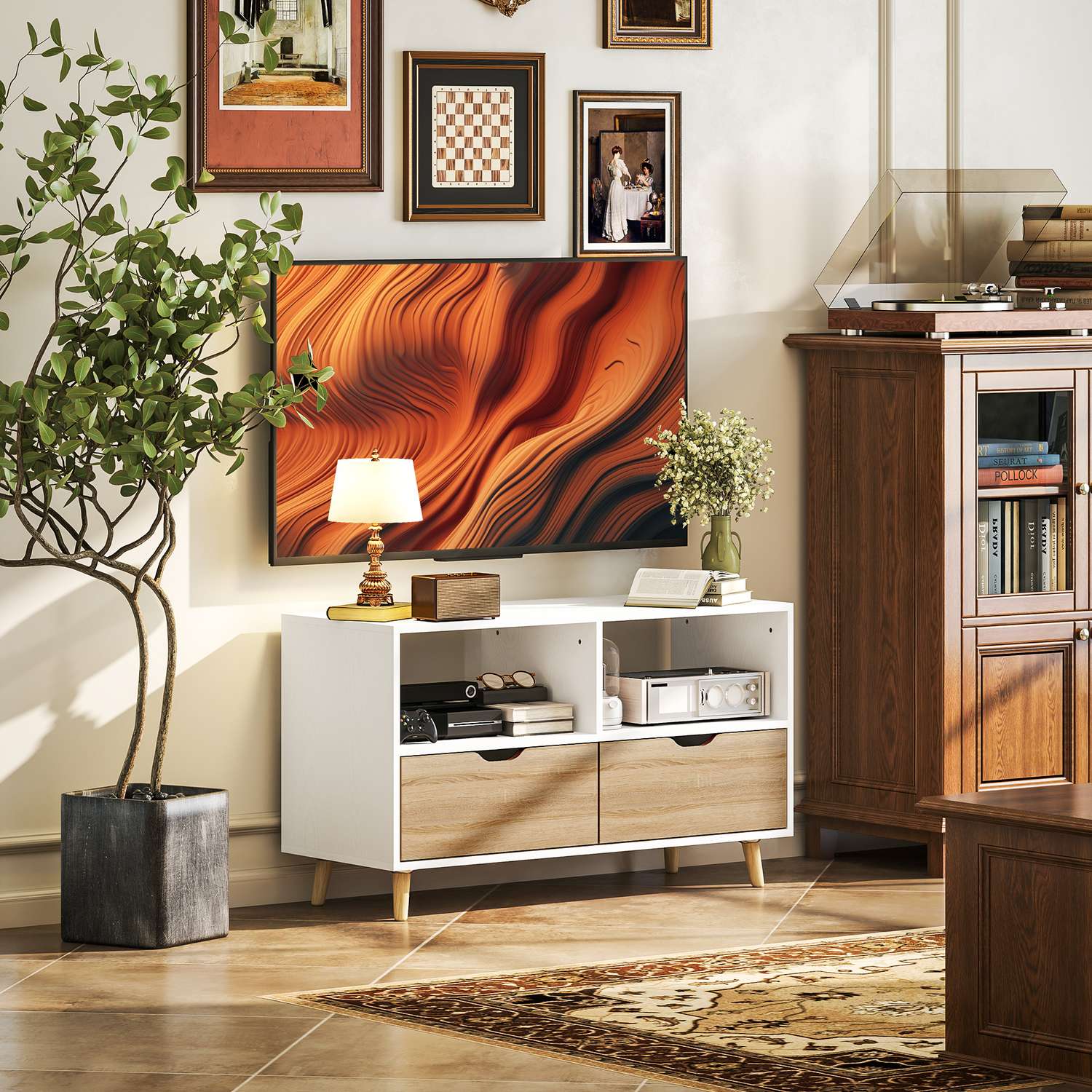 TV-skåp Lowboard, 99 cm, 2 hyllplan & Låda, Vit