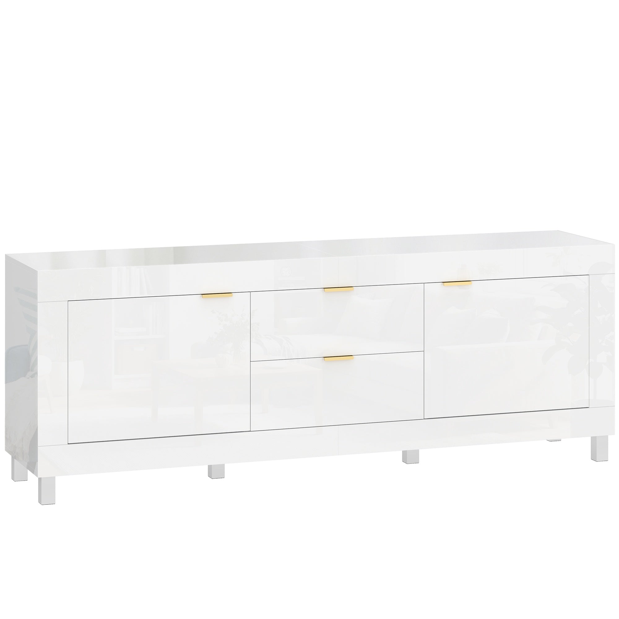 TV-stativ för 75" TV, högblank vit, 180 cm, 2 skåp