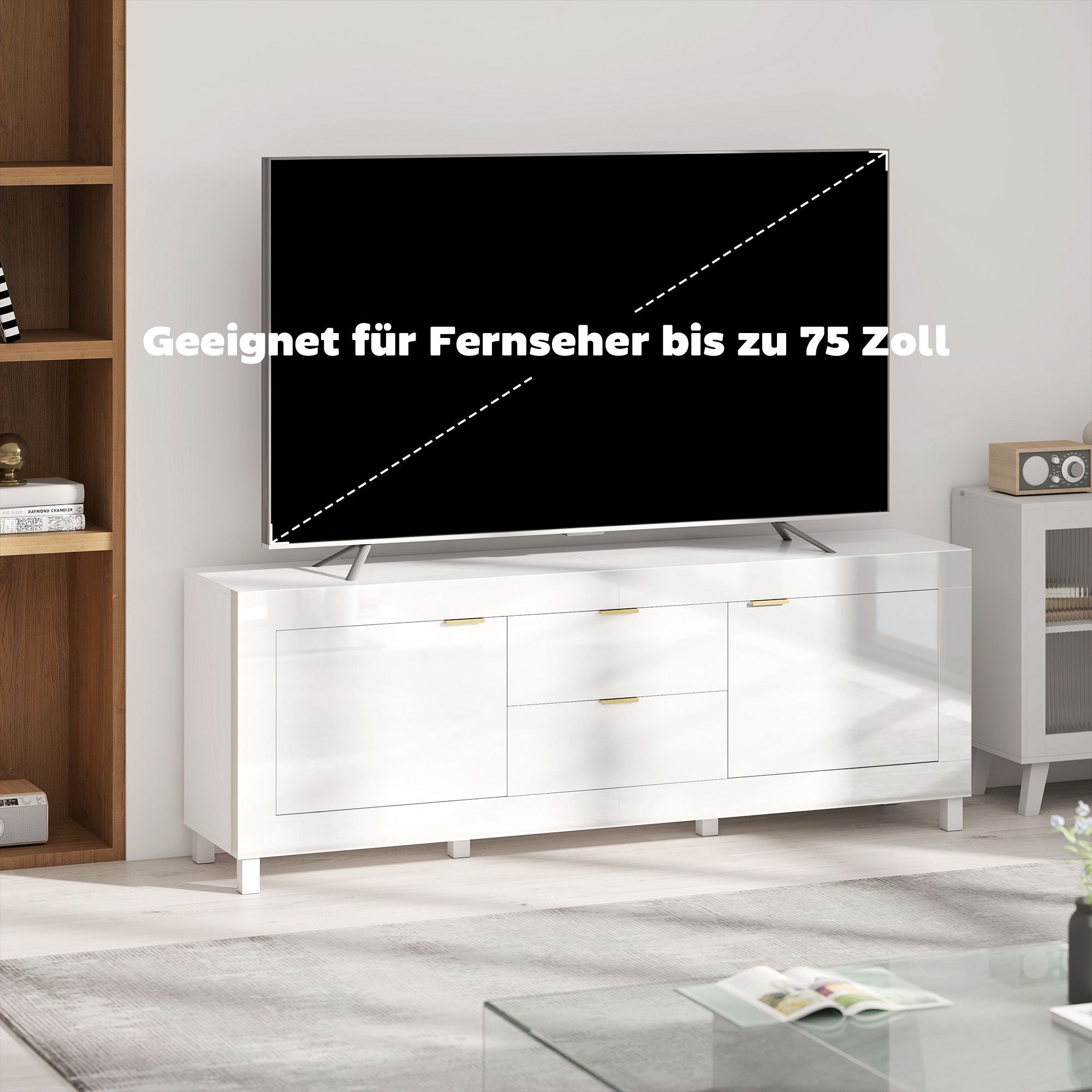 TV-stativ för 75" TV, högblank vit, 180 cm, 2 skåp