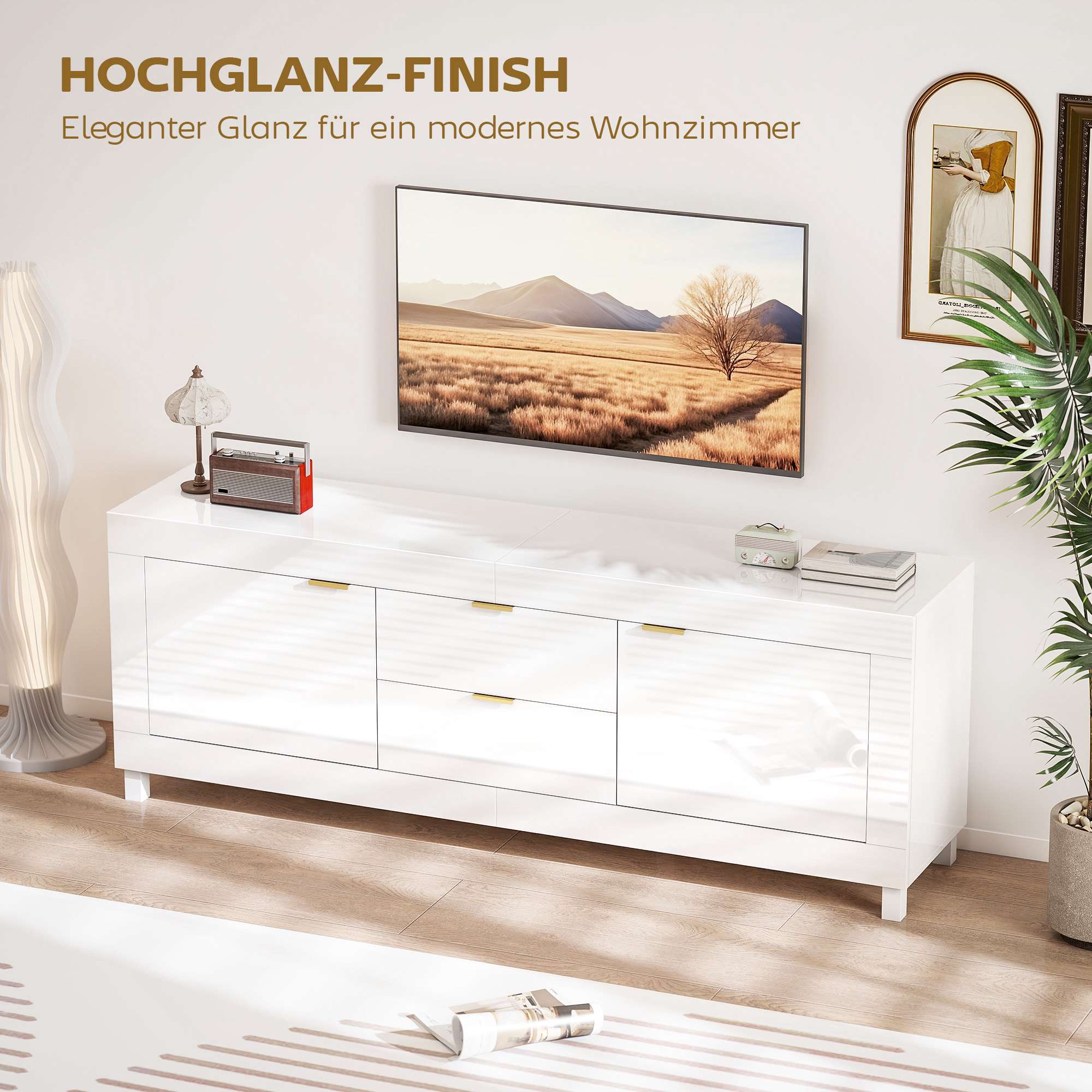 TV-stativ för 75" TV, högblank vit, 180 cm, 2 skåp