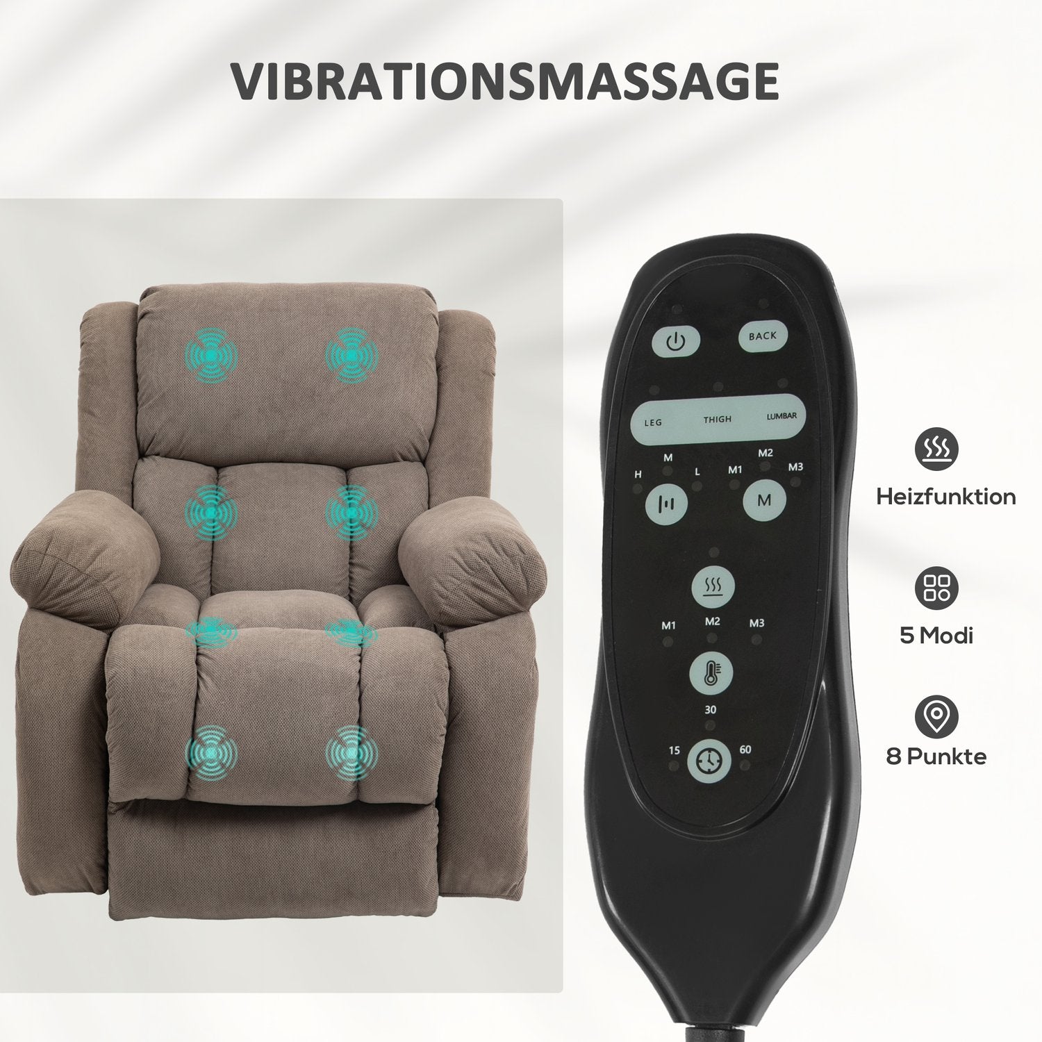 Elektrisk vilstol med massage och värme, ljusbrun