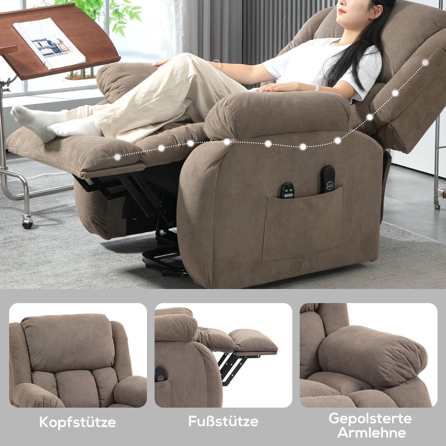 Elektrisk vilstol med massage och värme, ljusbrun