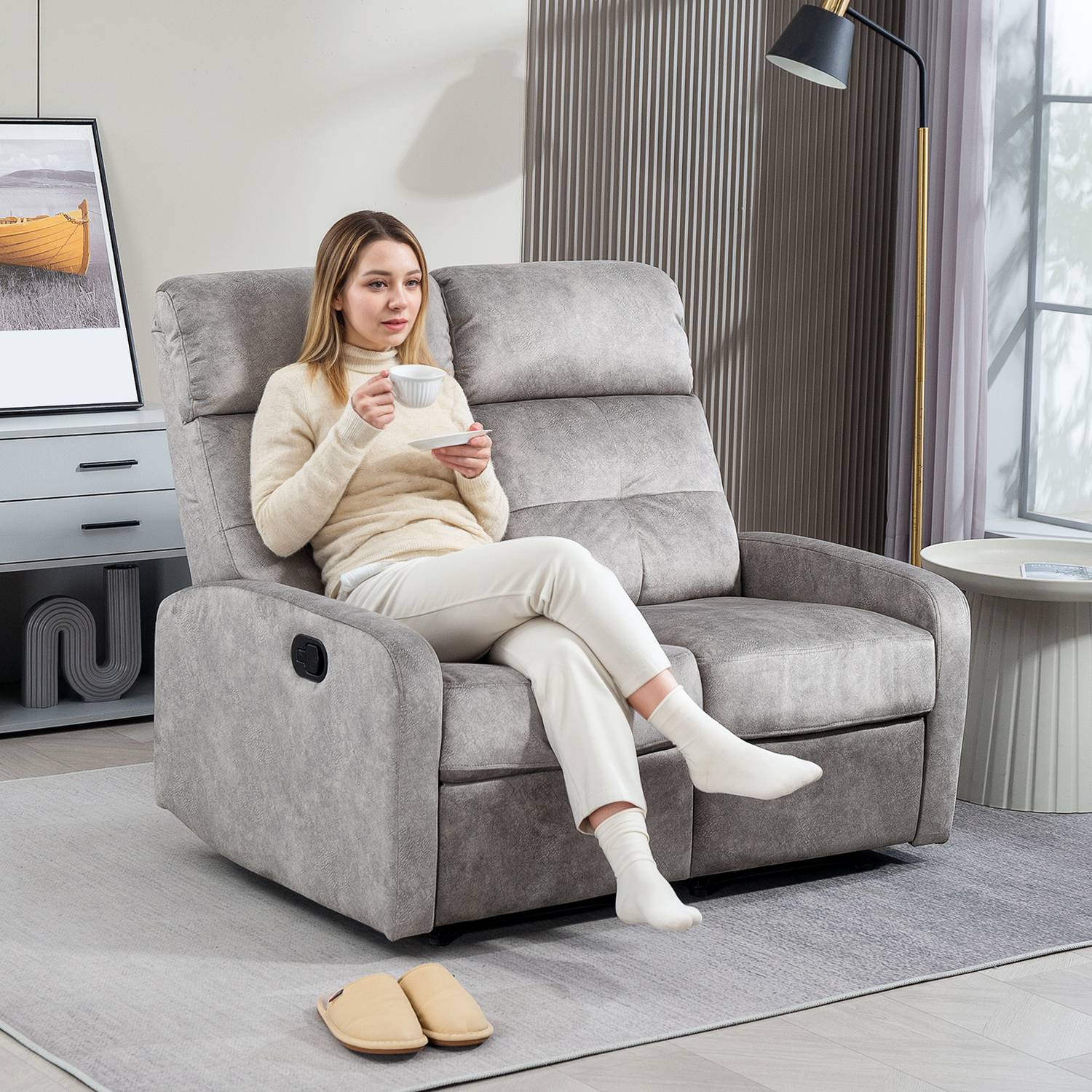 Vilstolssoffa, 2-sits med fotstöd, Pocket Spring, Grå