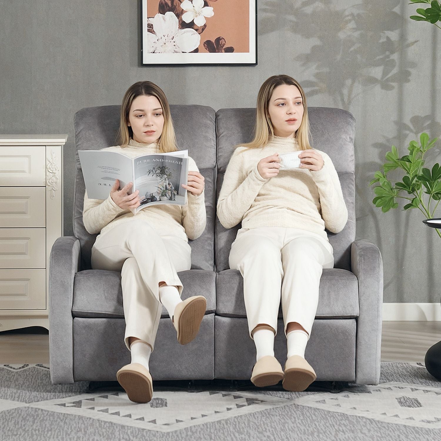 Vilstolssoffa, 2-sits med fotstöd, Pocket Spring, Grå