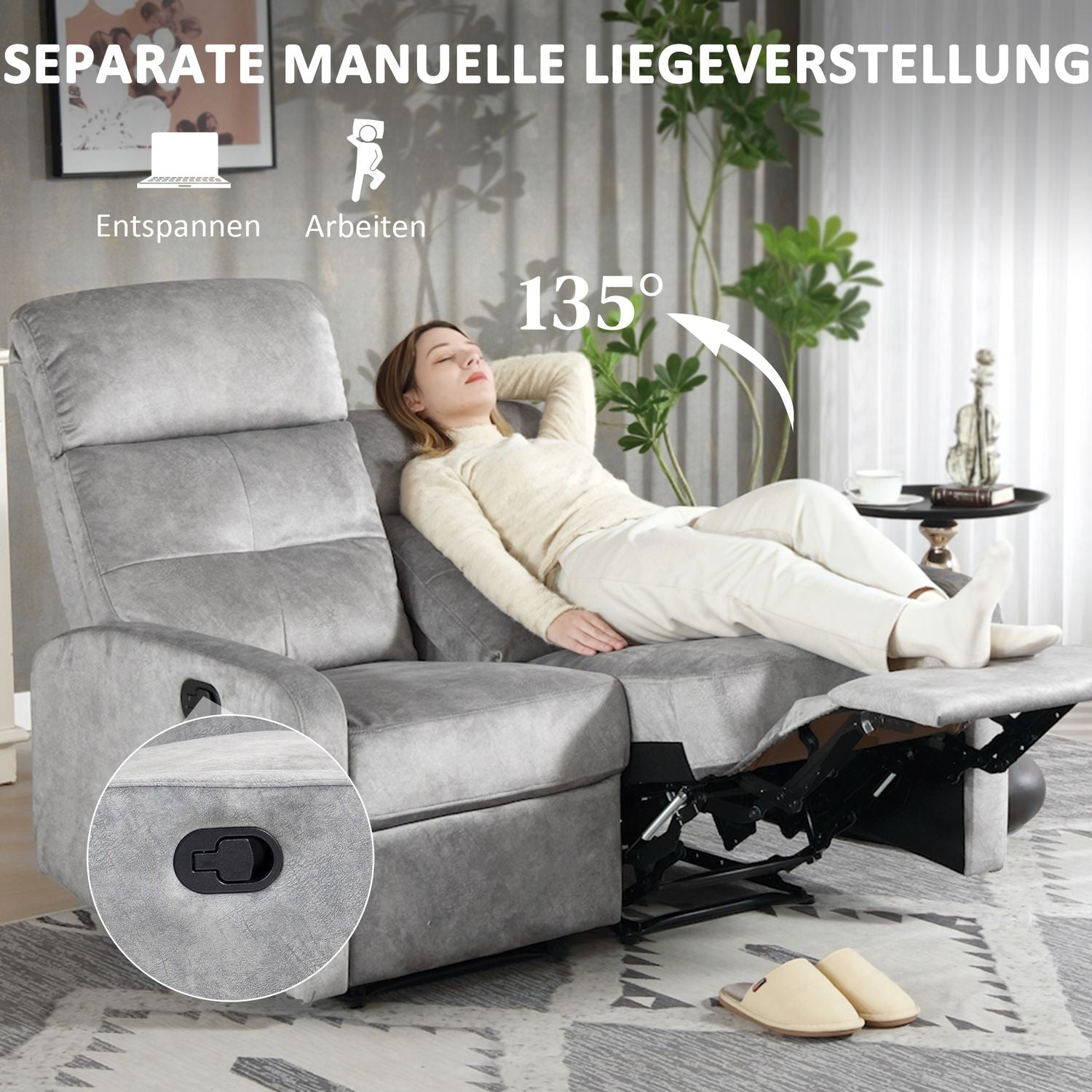 Vilstolssoffa, 2-sits med fotstöd, Pocket Spring, Grå