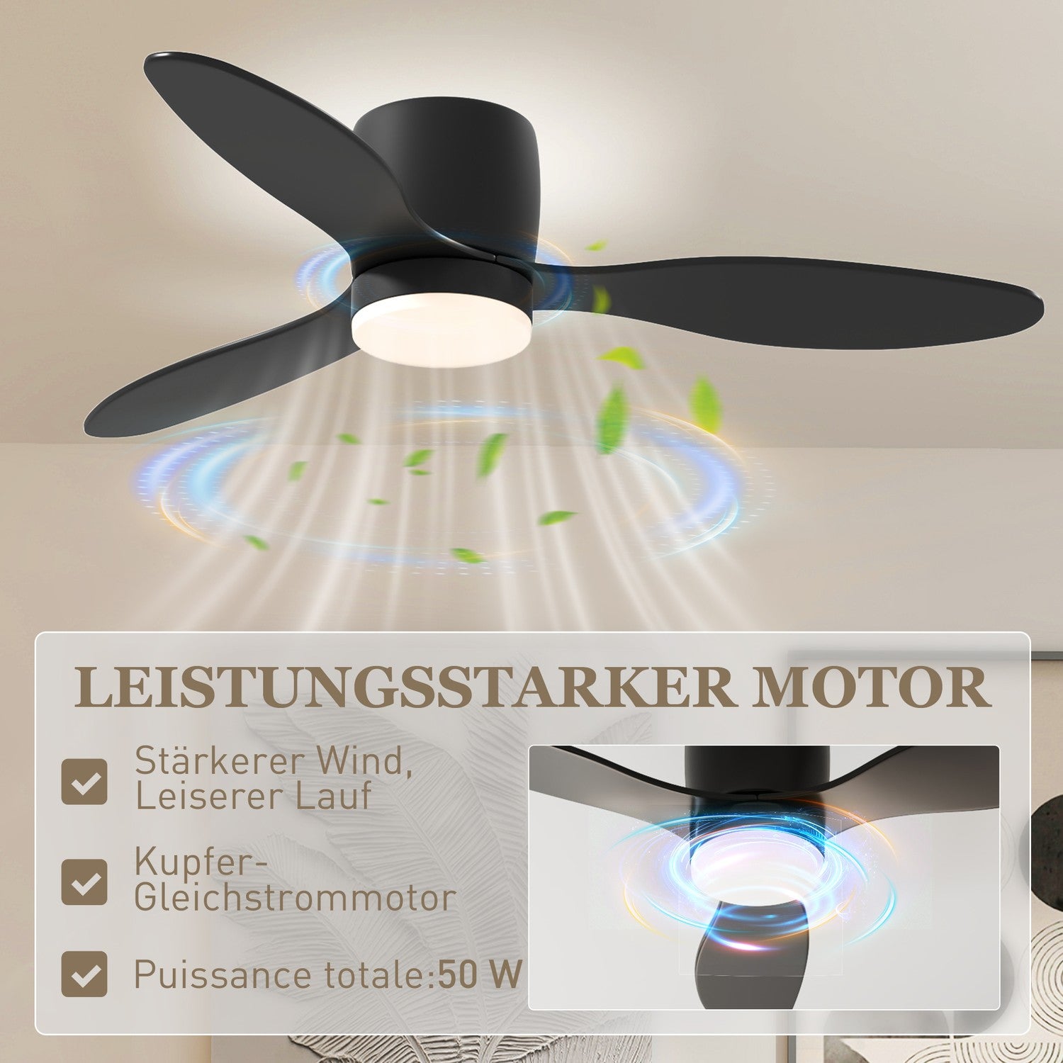 Takfläkt med ljus, fjärrkontroll & timer – 115 cm, 6 hastigheter