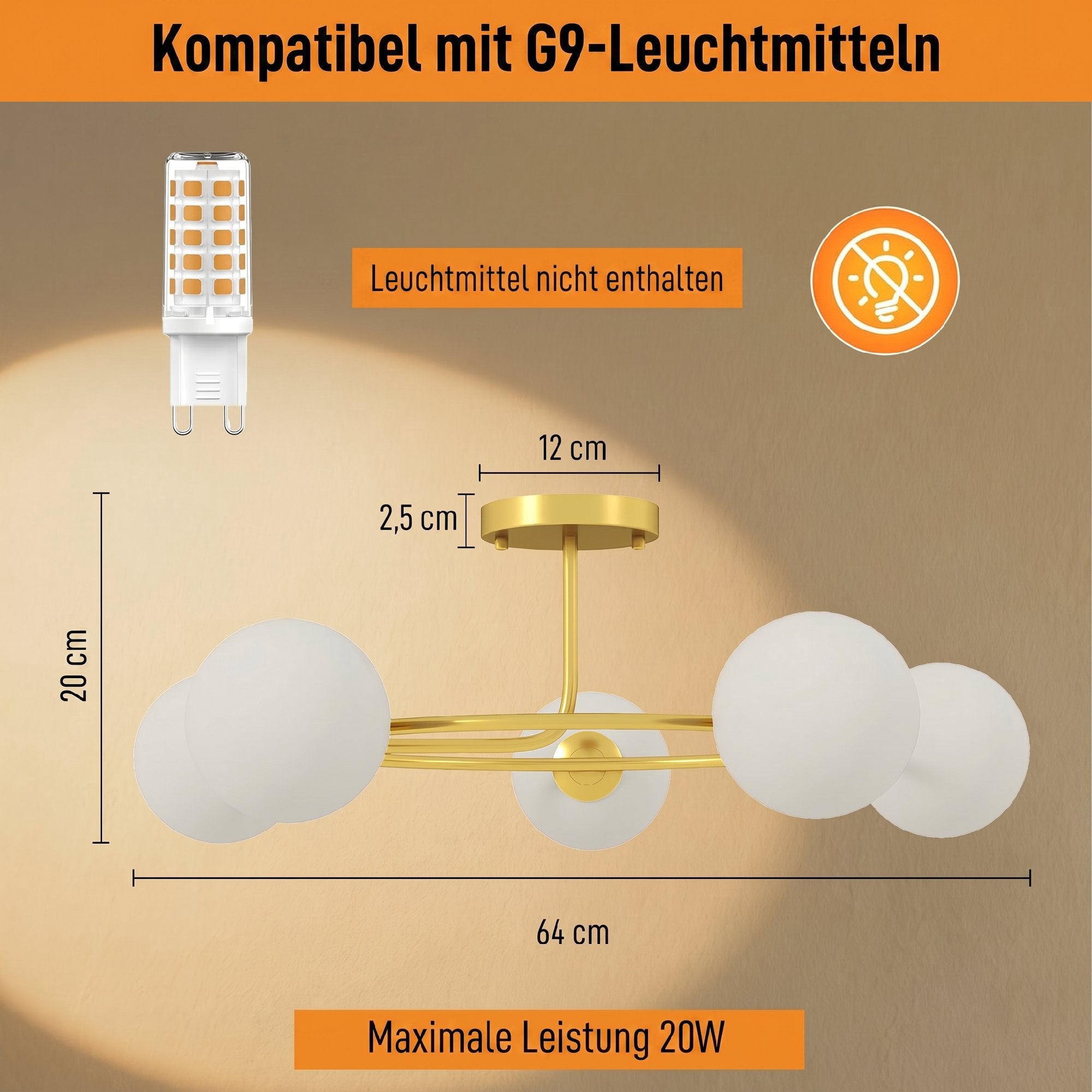 Taklampa, 5x G9-sockel, guldvit, 64 cm