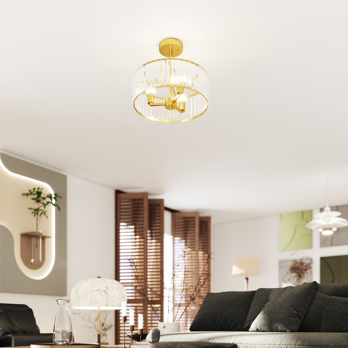 Taklampe, krystallskjerm, 3 lamper, gullfarget metall