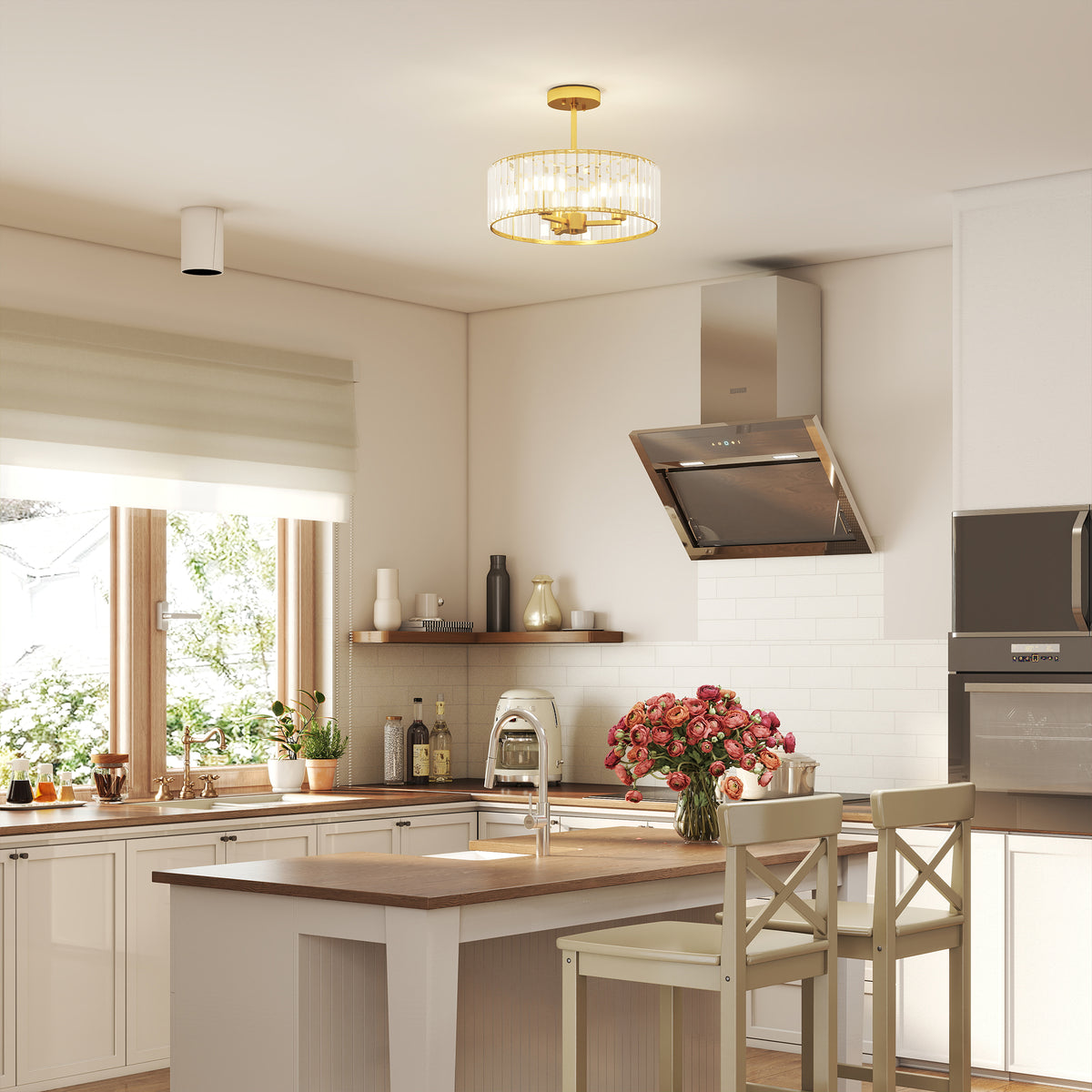Taklampe, krystallskjerm, 3 lamper, gullfarget metall