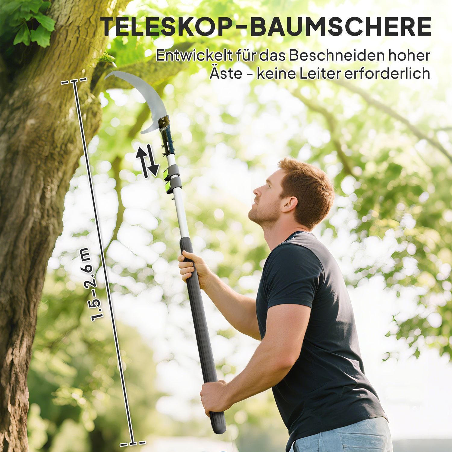 Teleskopisk grensåg 1,5–2,6 m trädsax med låsanordning, teleskophandtag, non-stick belagt blad, svart
