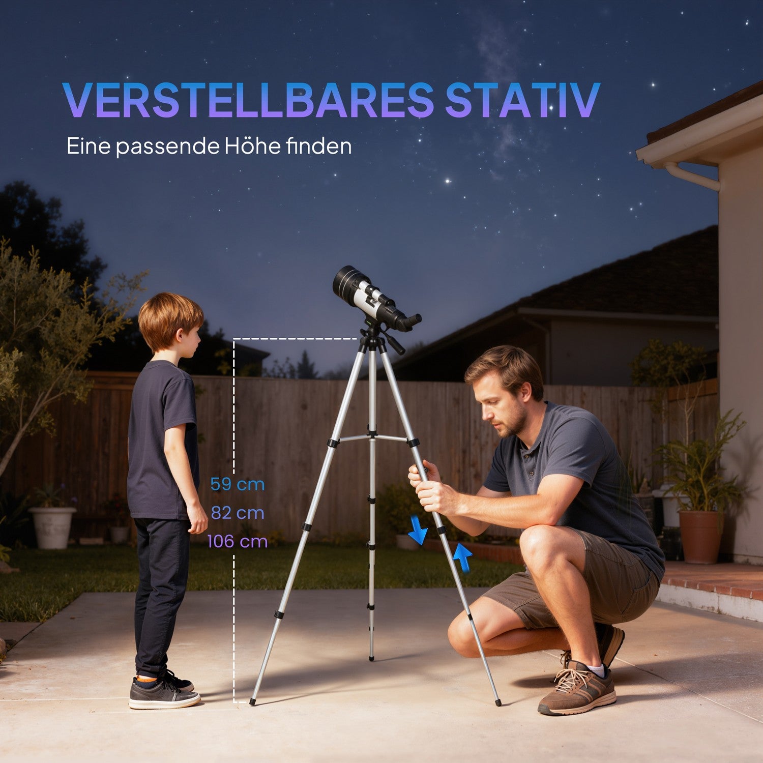 Teleskop med 70 mm lins, justerbart stativ, silver
