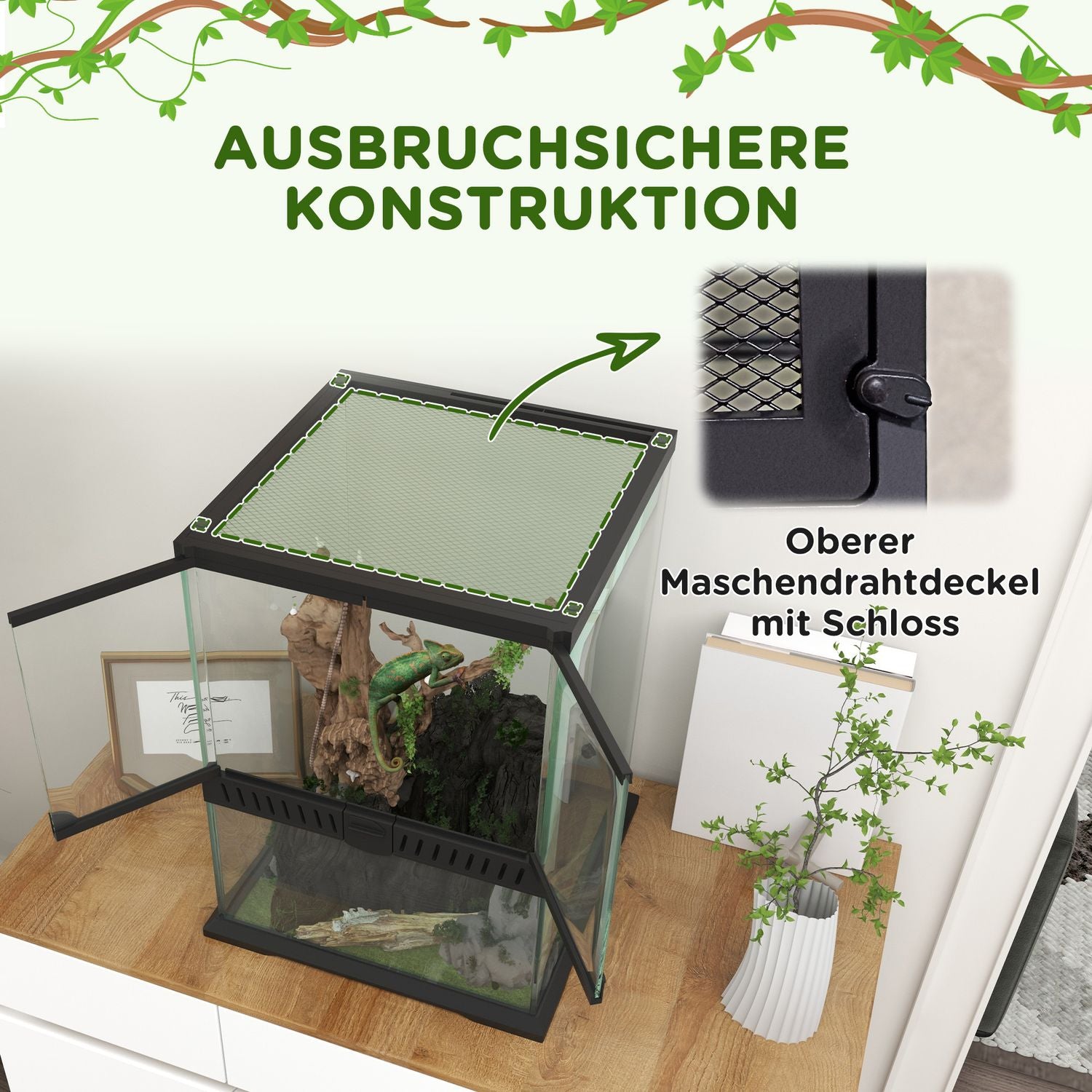 Glasterrarium för reptiler, rymningssäker, 120L, 45x45x60cm