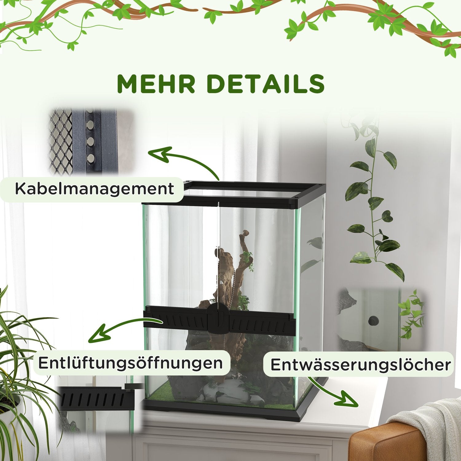 Glasterrarium för reptiler, rymningssäker, 120L, 45x45x60cm
