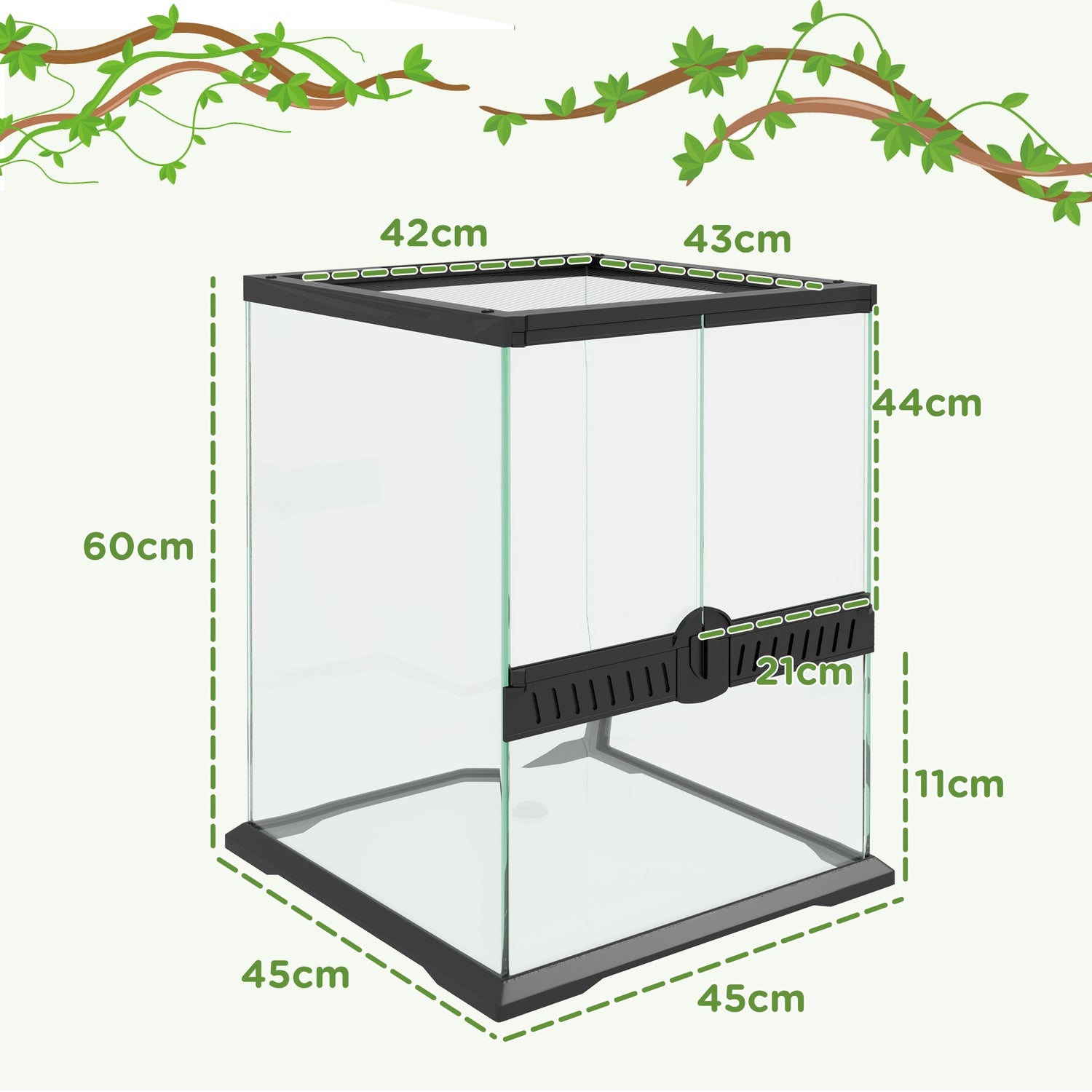 Glasterrarium för reptiler, rymningssäker, 120L, 45x45x60cm