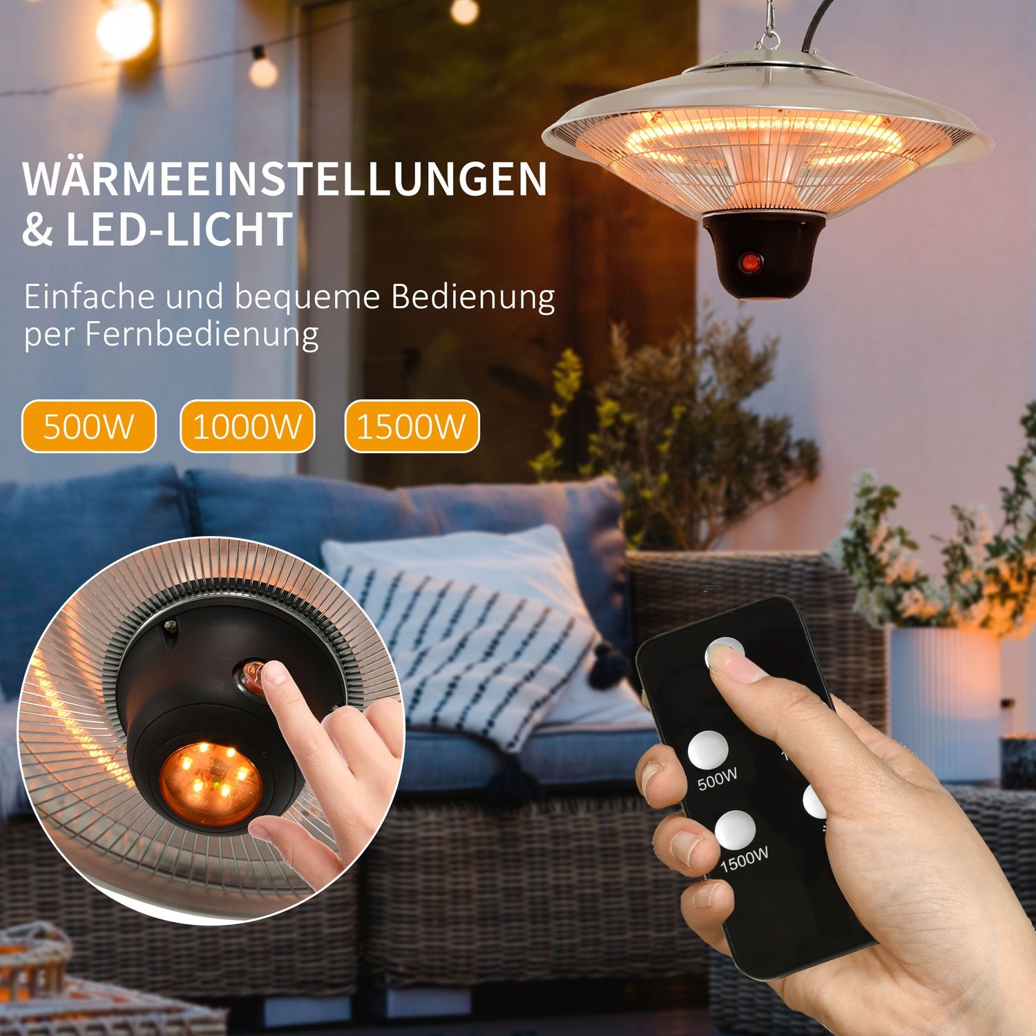 Terrass Takvärmare 1500W, LED & Fjärrkontroll