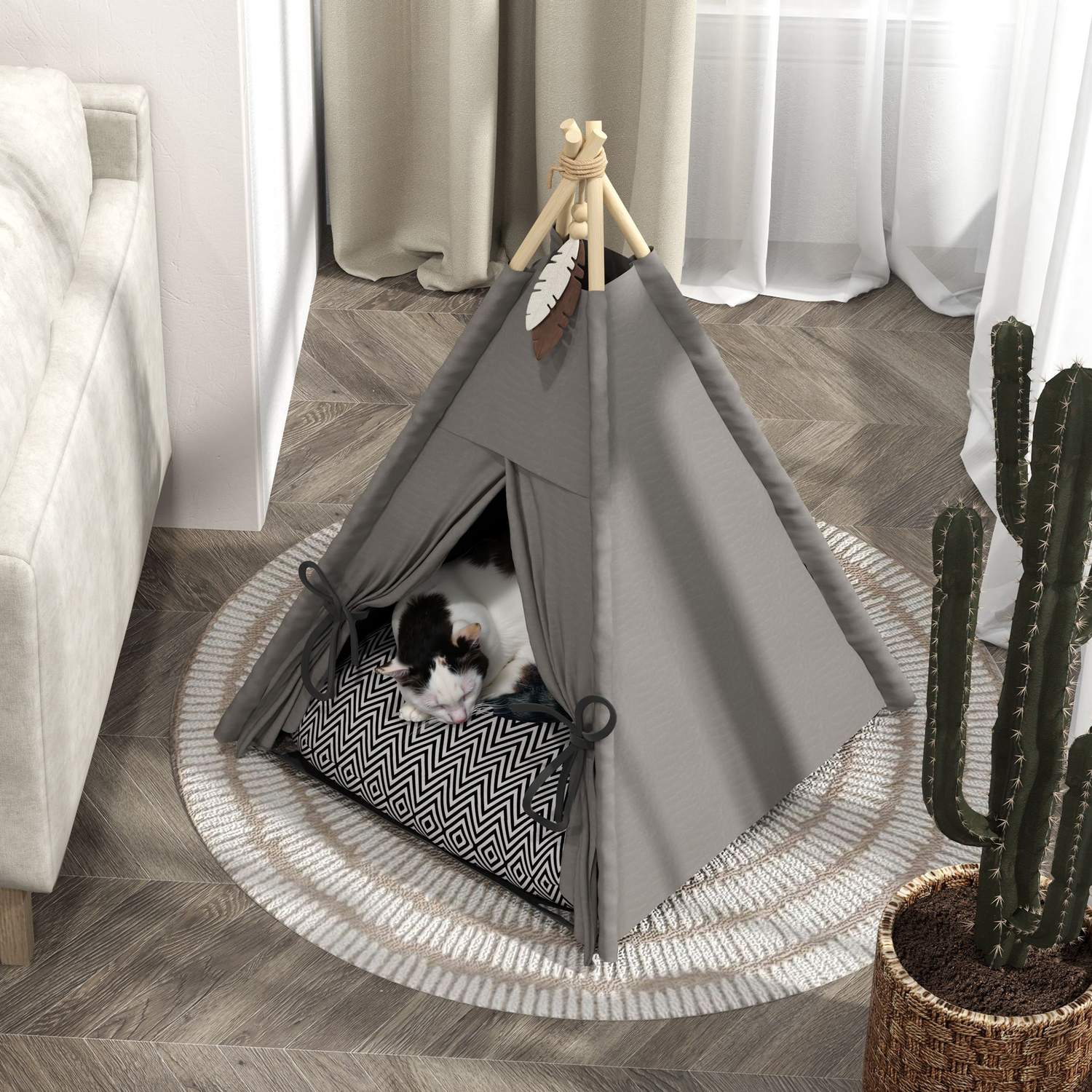 Cat Tipi-tält, tvättbara kuddar, grå, husdjur under 5 kg