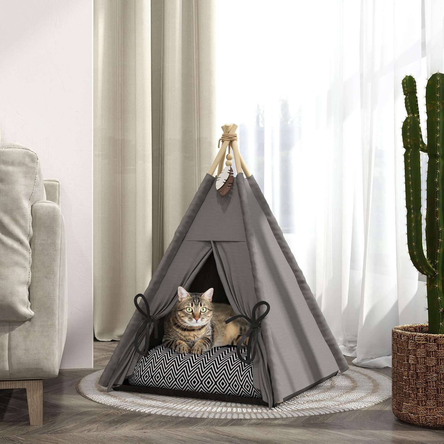Cat Tipi-tält, tvättbara kuddar, grå, husdjur under 5 kg
