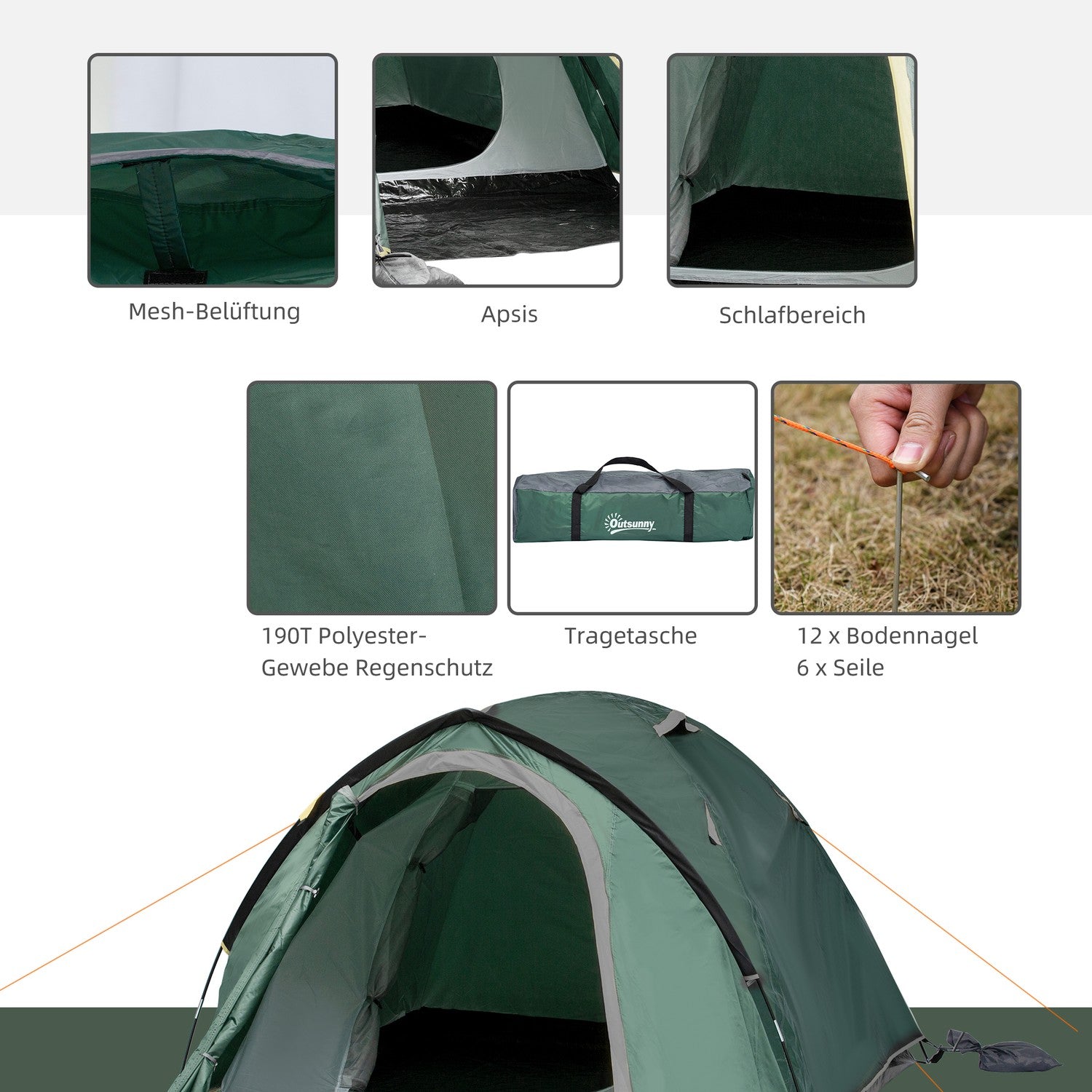 2-personers dome campingtält, glasfiber, 325 x 183 x 130 cm
