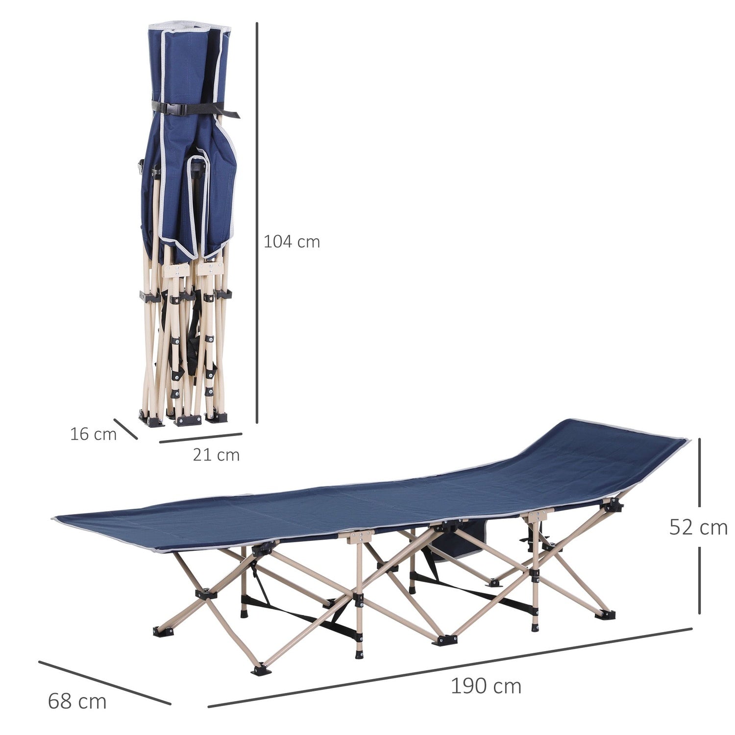Hopfällbar campingsäng i stål med förvaringsväska, 190x68x52cm