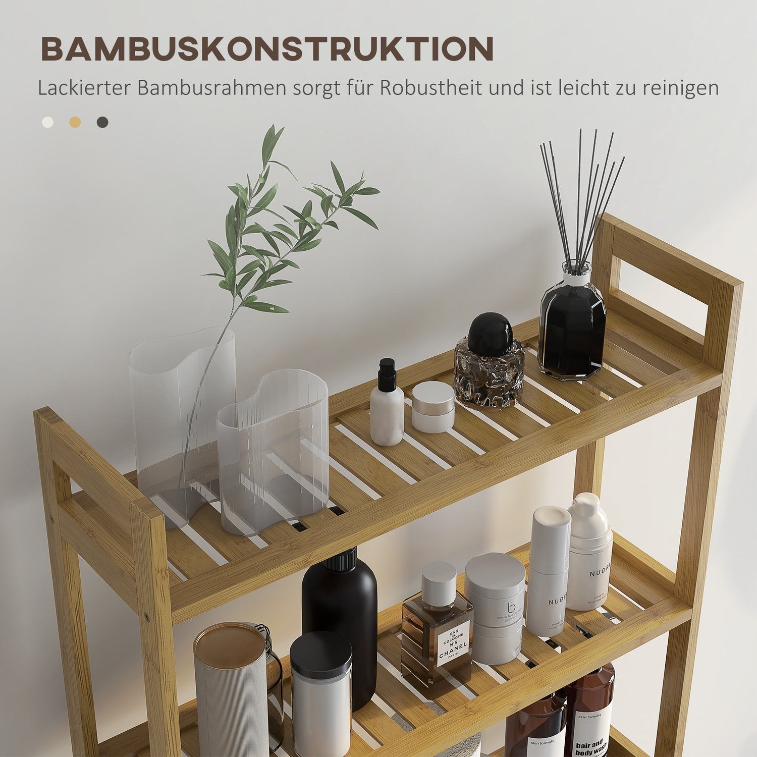 Badrumshylla i 3 våningar i bambu med tippskydd
